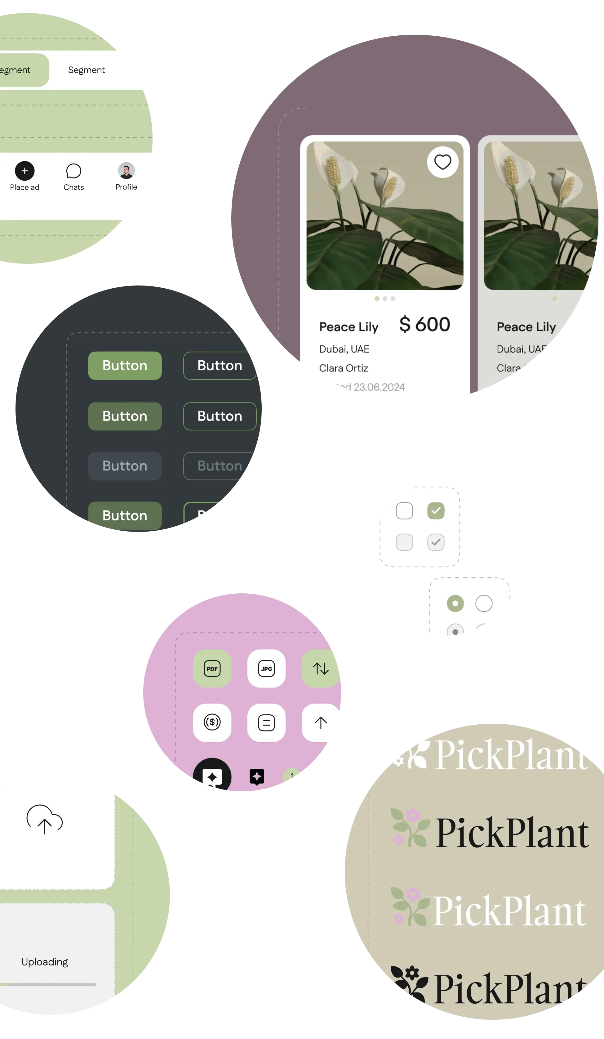 UI kit of buttons, cards, and branding elements for the plant marketplace app.
