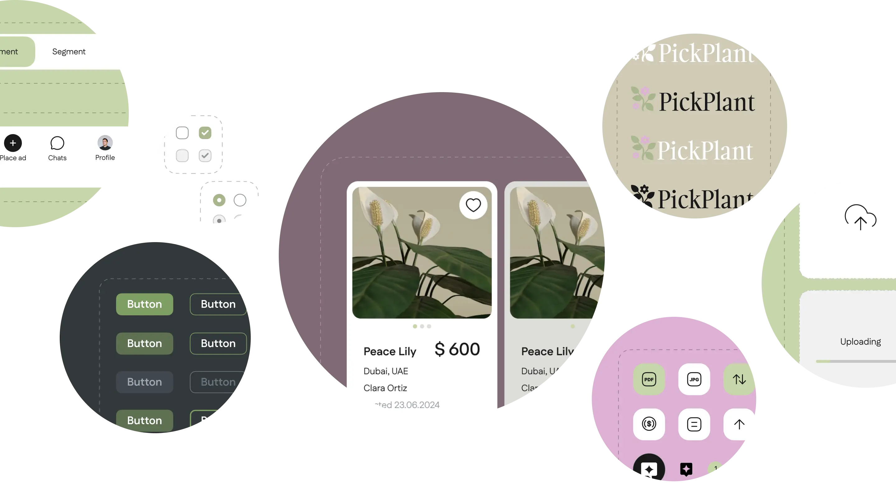 UI kit of buttons, cards, and branding elements for the plant marketplace app.