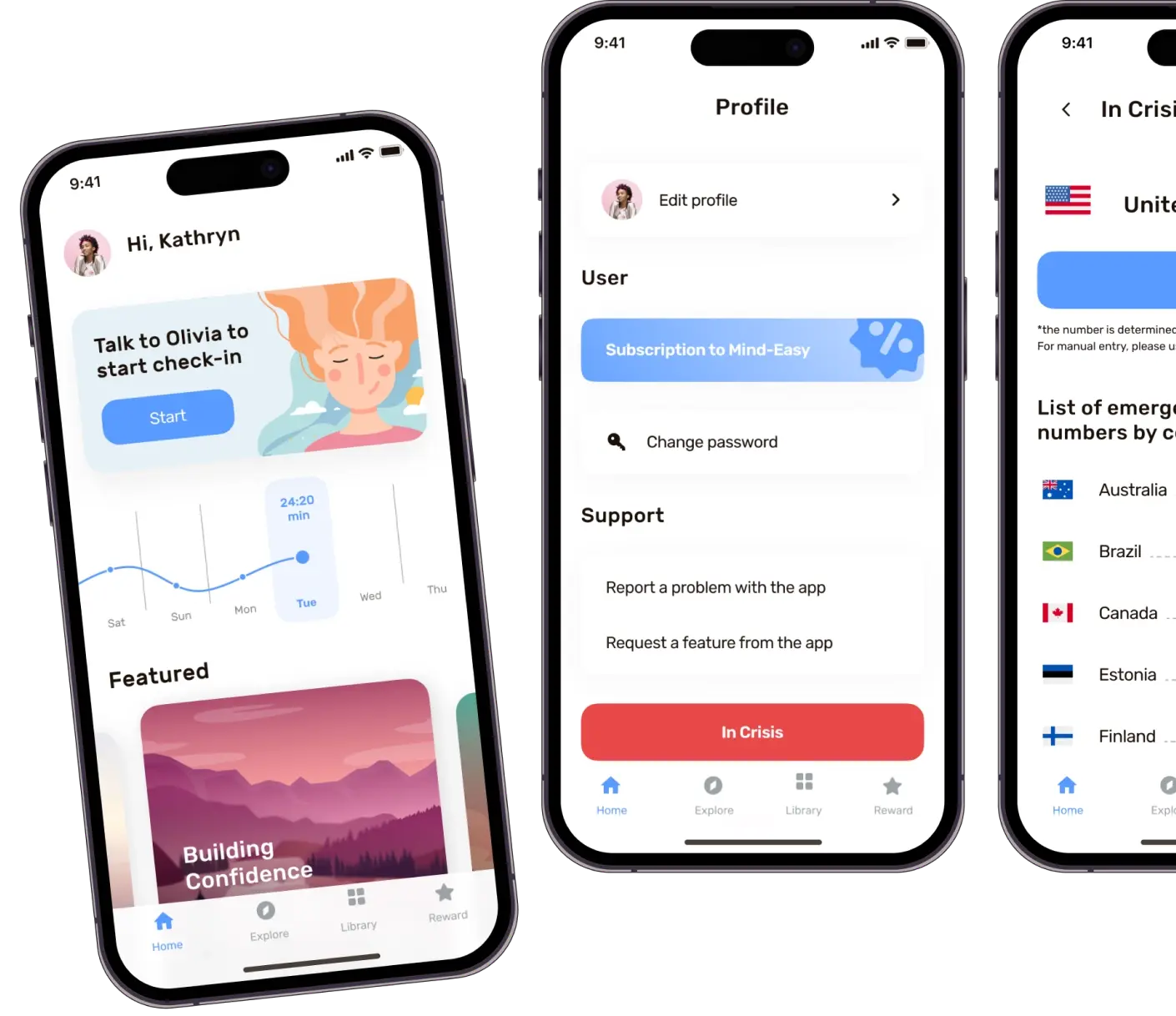 Phone screens showing the Mind Easy home feed, profile settings, and In Crisis emergency-number list.