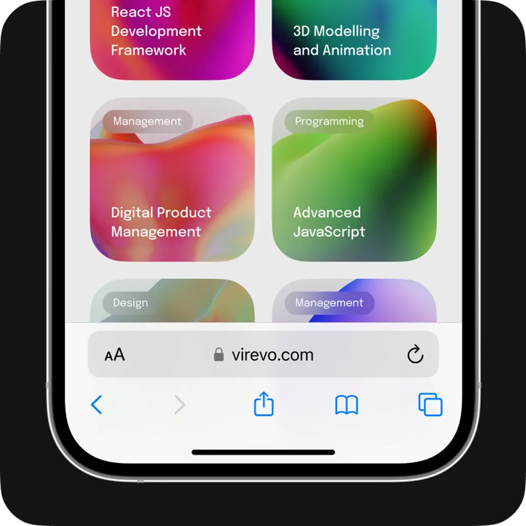 Mobile browser showing course category cards on the educational web platform.