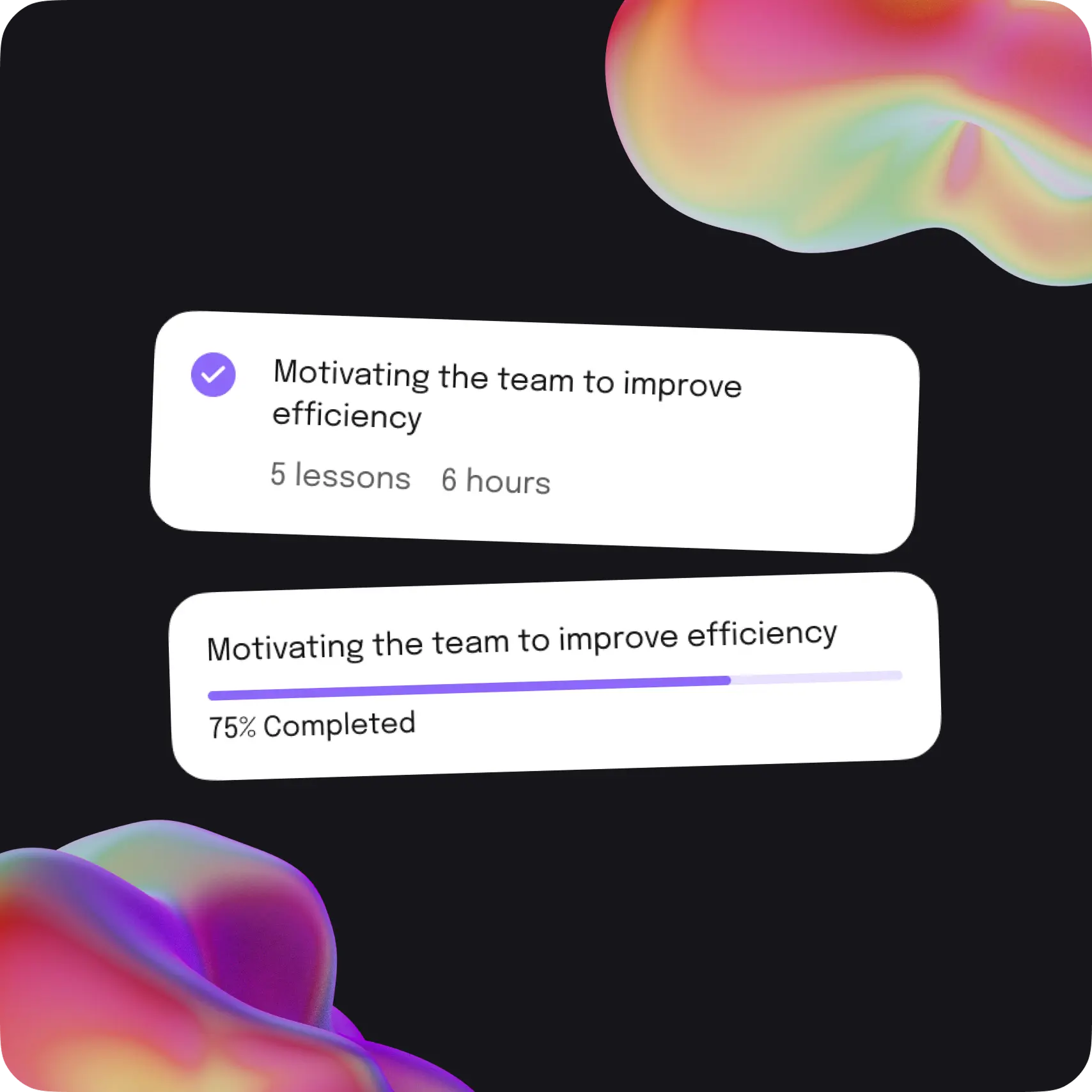 In-app lesson card and progress bar showing course completion.