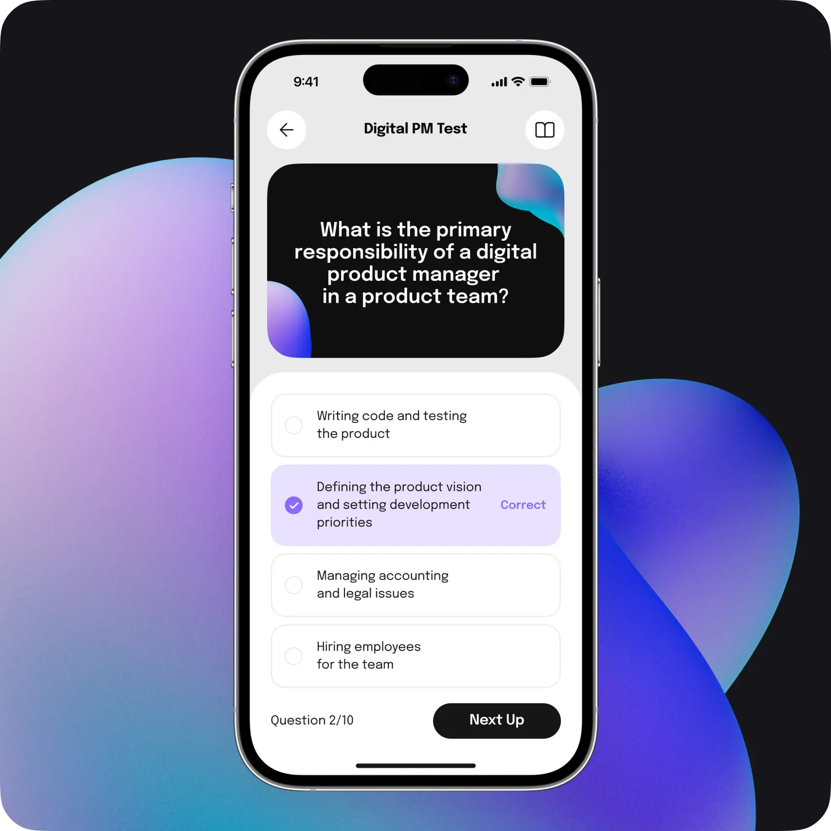 Smartphone showing a course quiz screen of the learning platform.