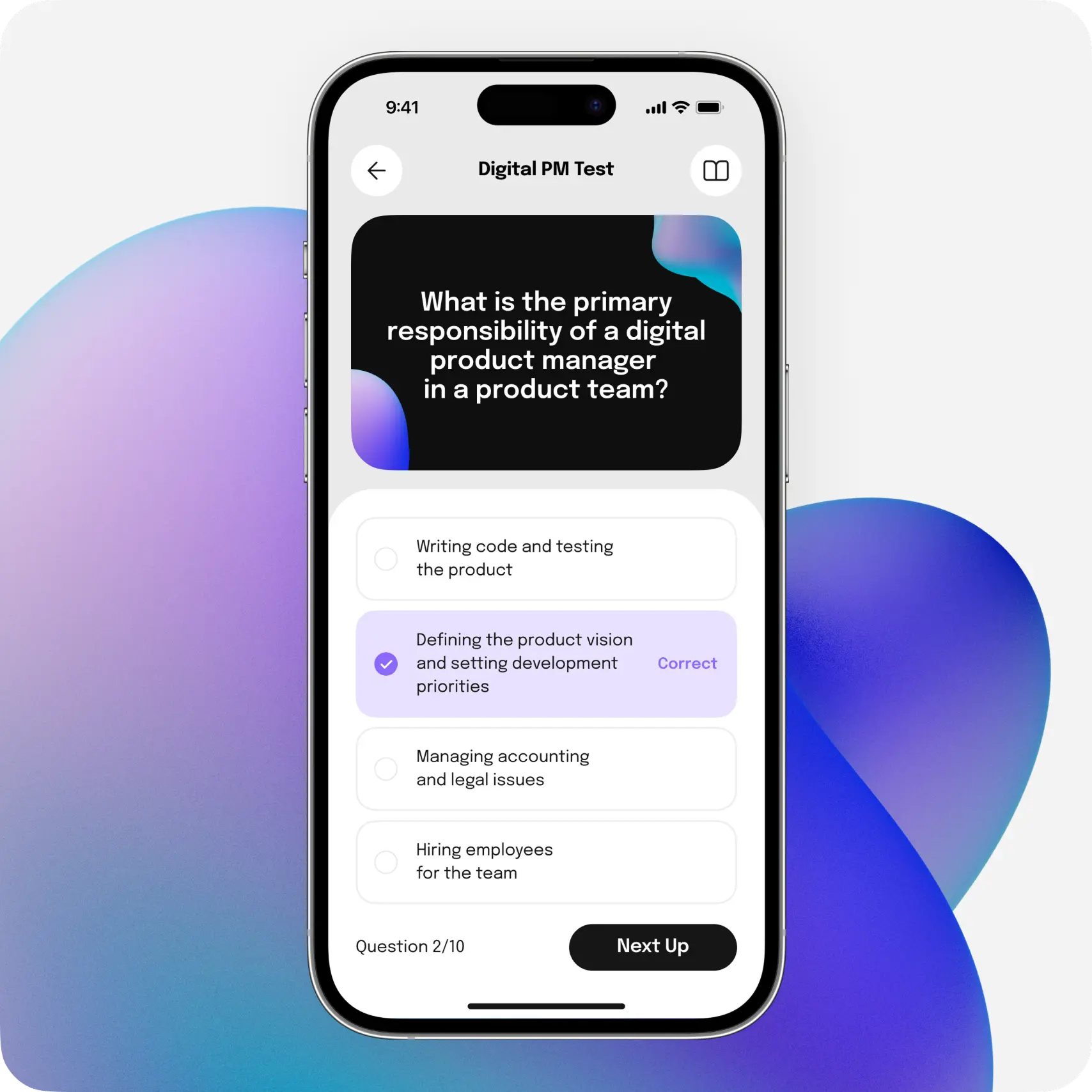Smartphone showing a course quiz screen of the learning platform.