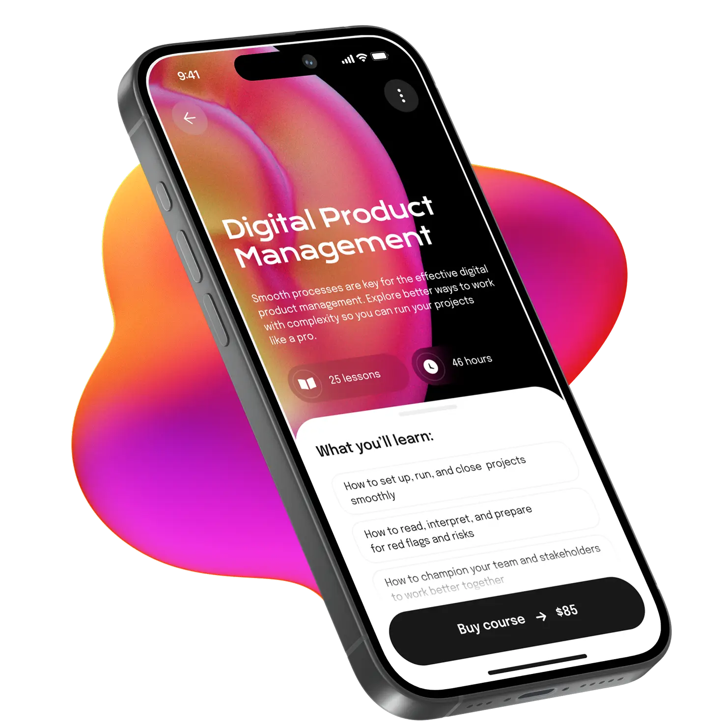 Smartphone displaying the Digital Product Management course page on the educational platform.