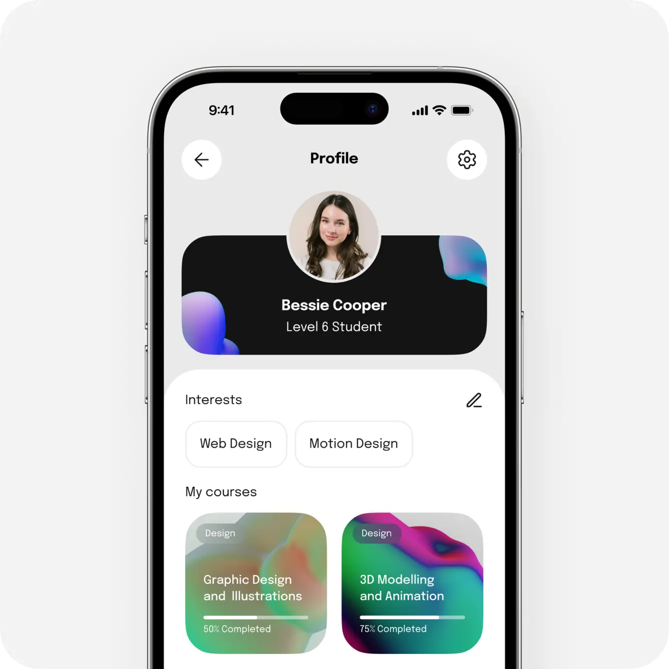 Learner profile screen with interests and course progress on the mobile platform.