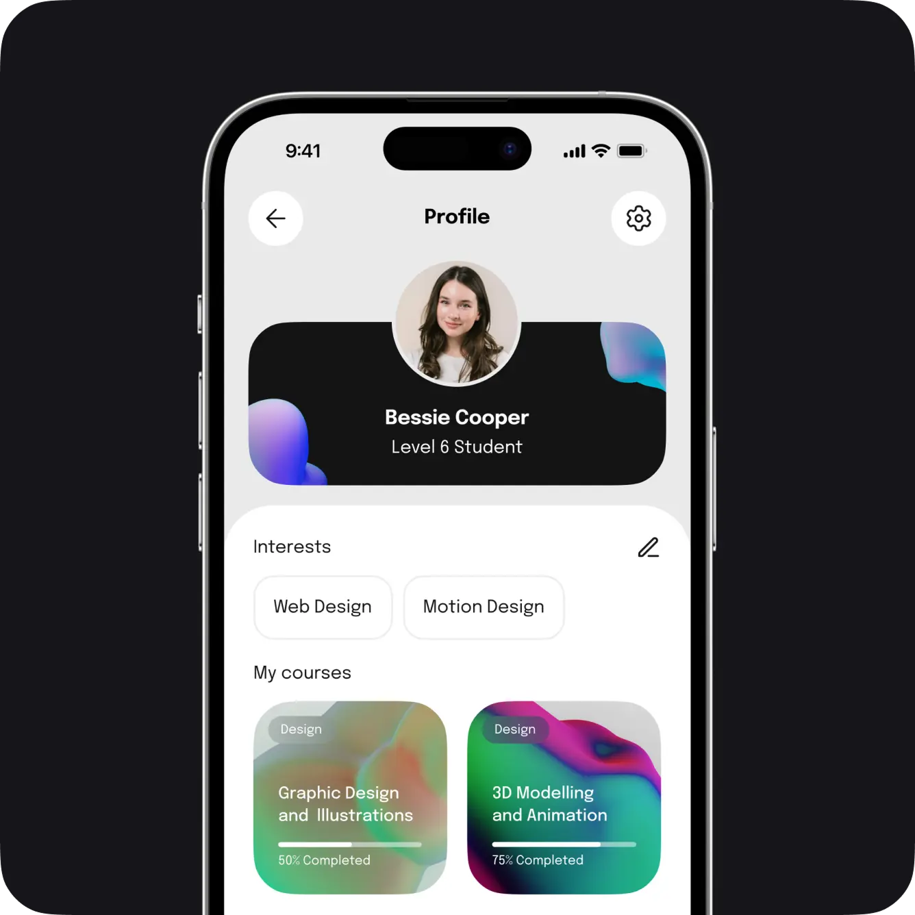 Learner profile screen with interests and course progress on the mobile platform.