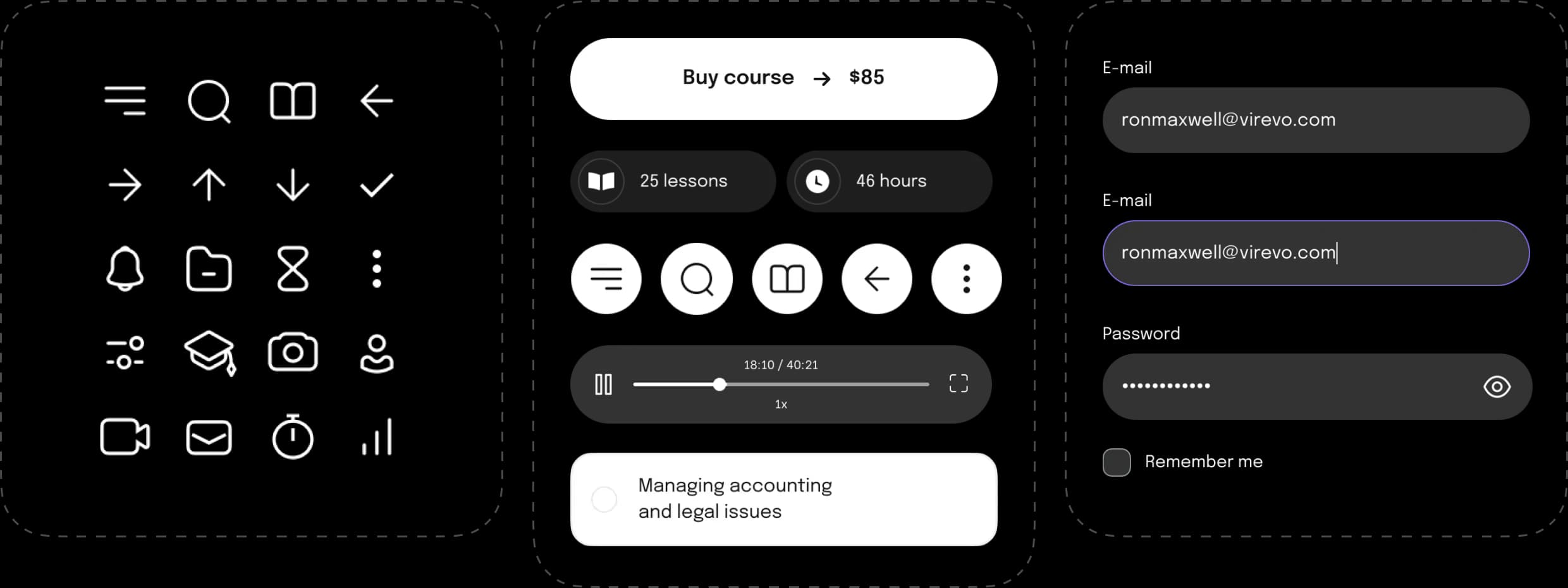 UI kit of icons, buttons and input fields for the learning platform.