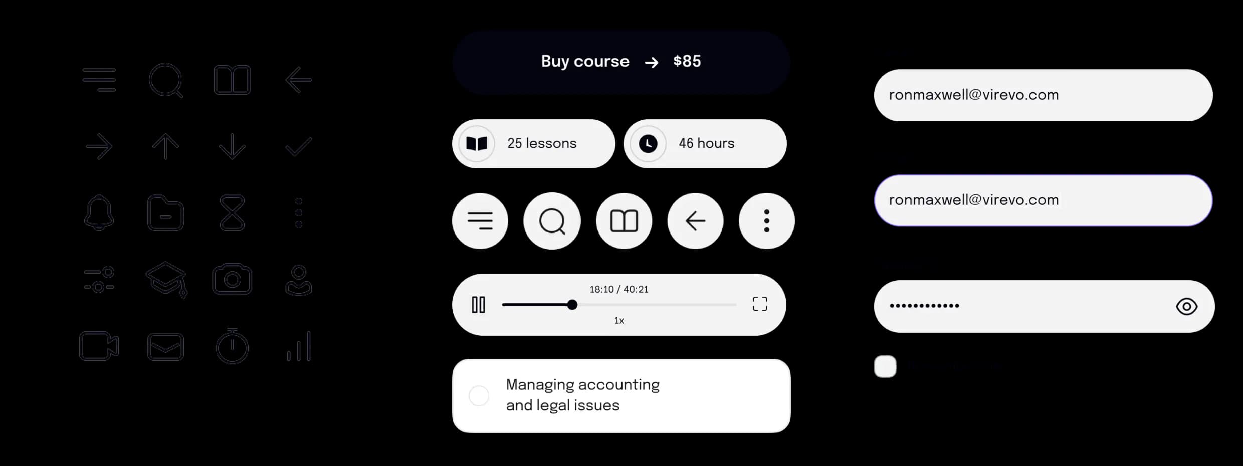 UI kit of icons, buttons and input fields for the learning platform.