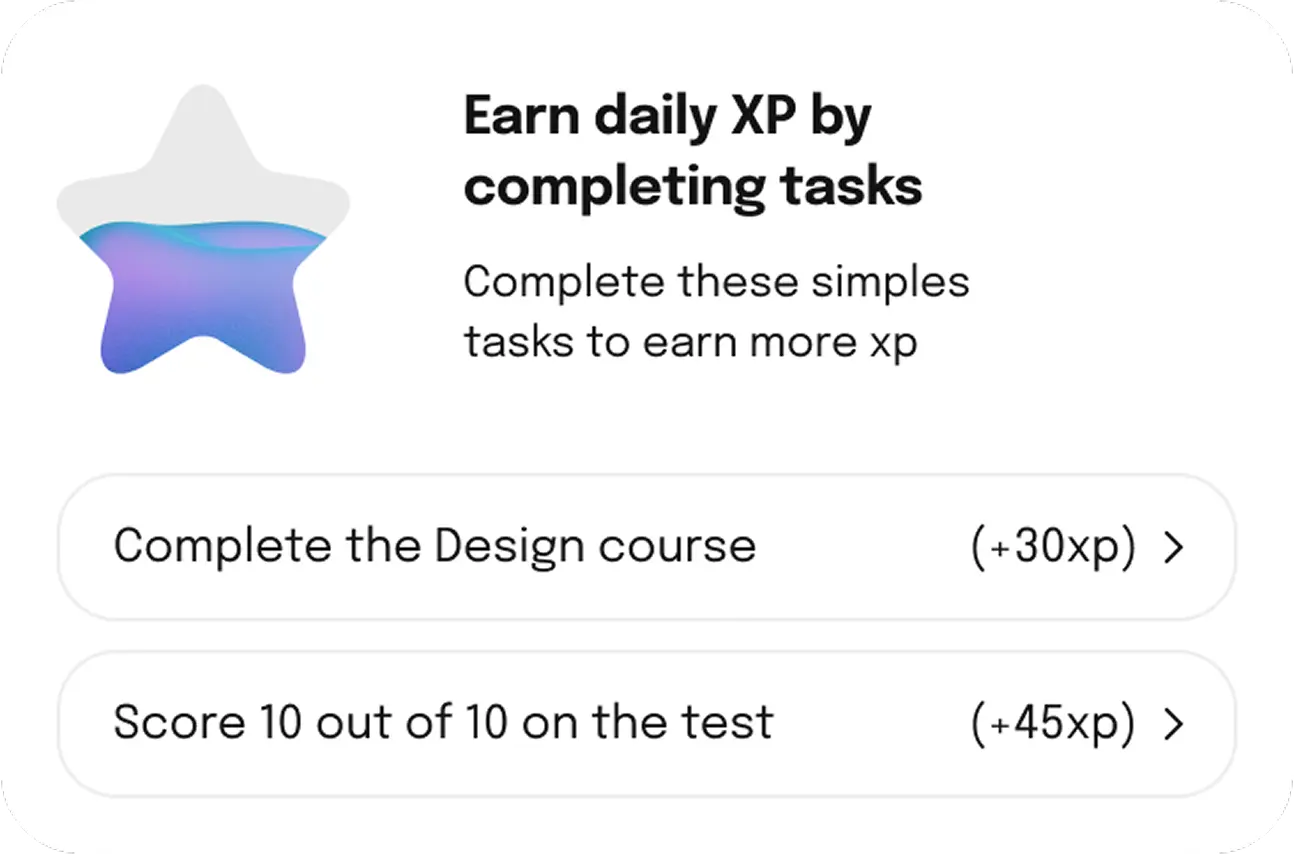 Earn daily XP gamification card rewarding completed learning tasks.