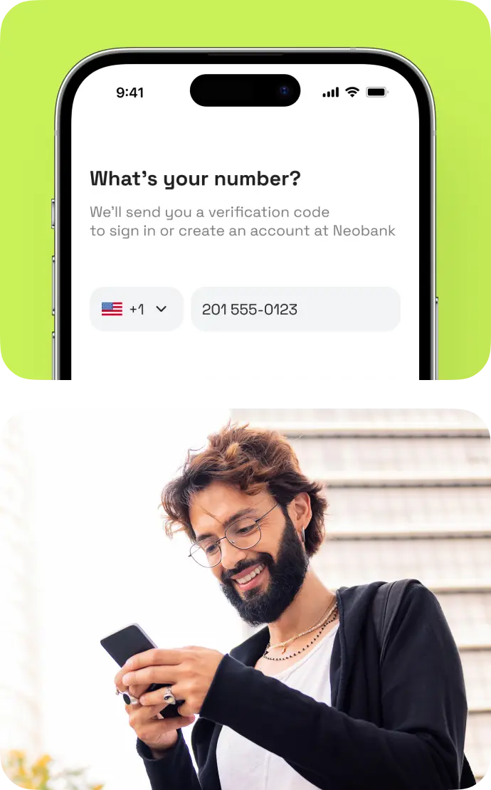 Neobank app phone-number entry screen next to a man checking his phone.