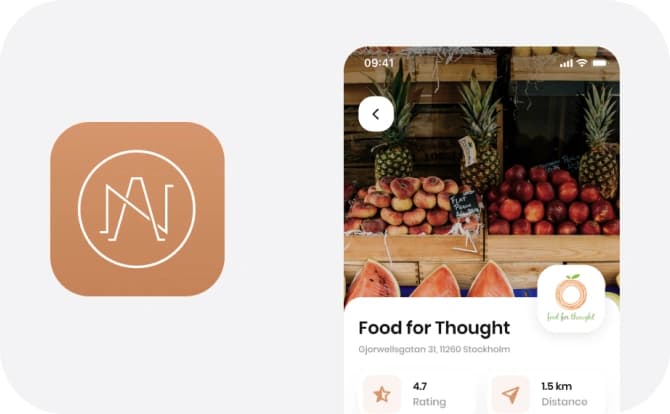 Noah app icon with the brand monogram in orange, next to a producer profile screen in the app.
