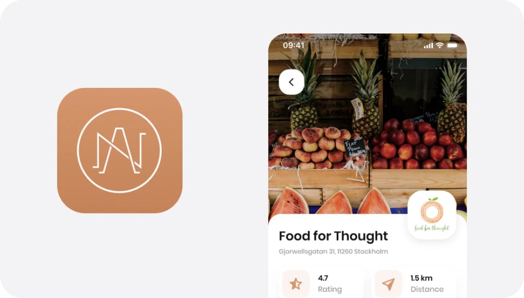 Noah app icon with the brand monogram in orange, next to a producer profile screen in the app.