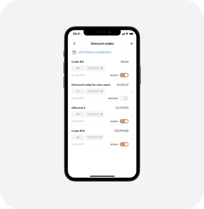 Noah app phone screen listing discount codes with their percentages, dates and active status toggles.