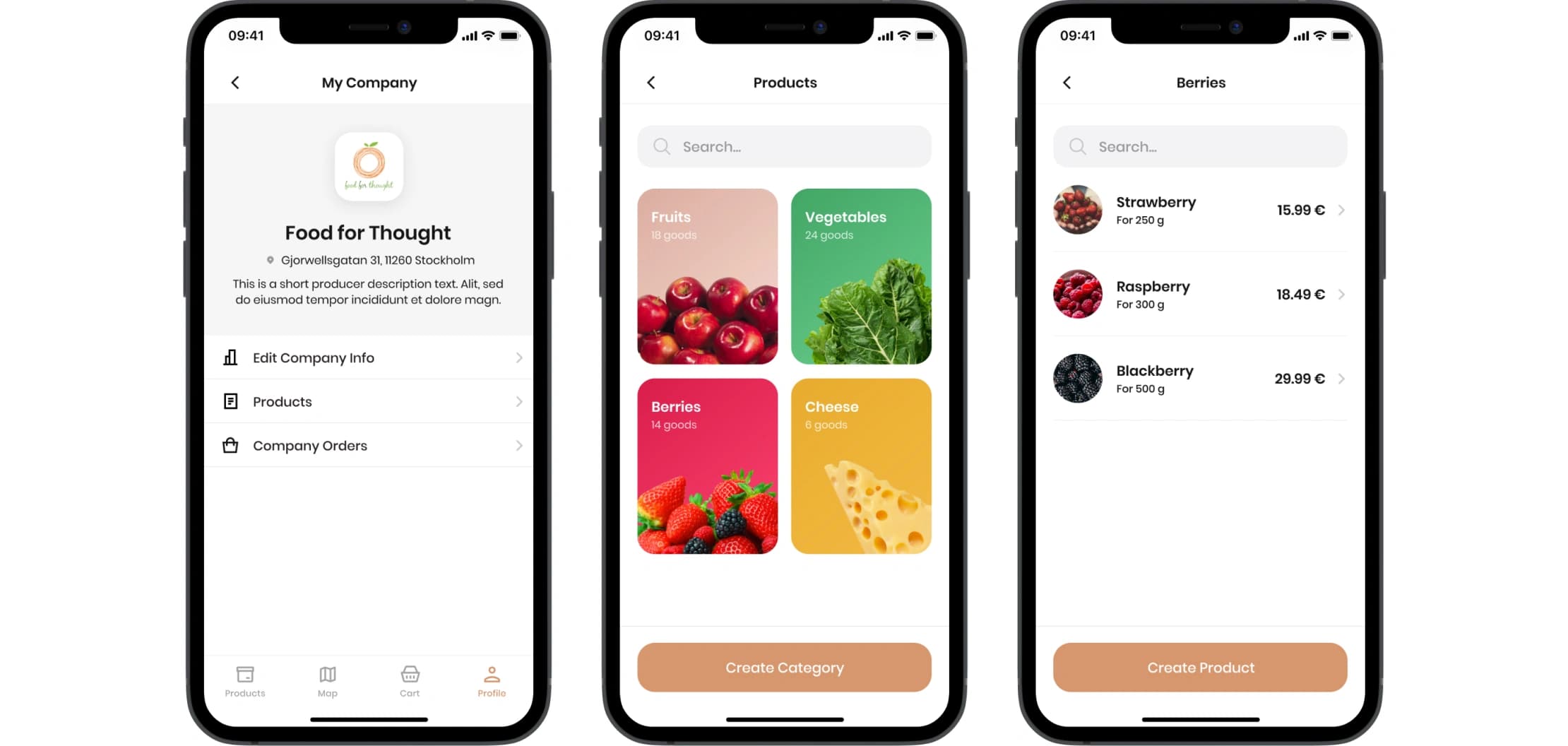 Noah app seller screens: company profile, product catalog and a berries listing.