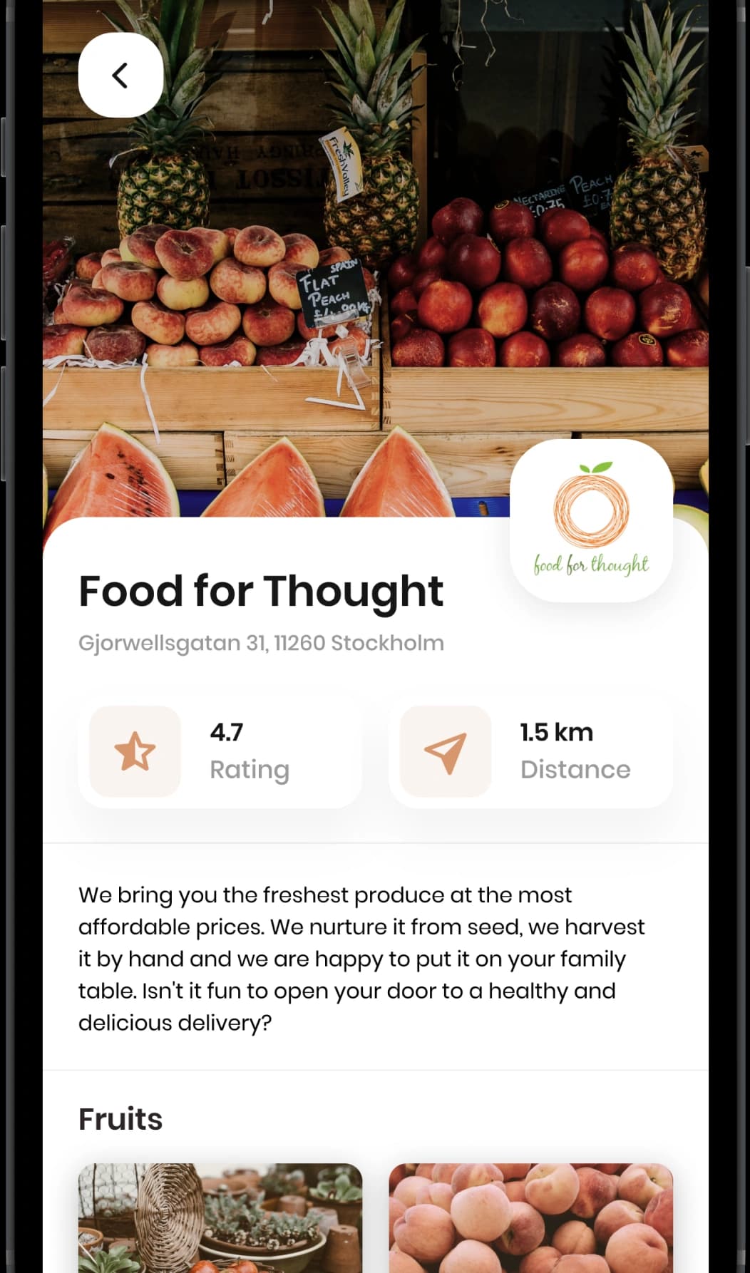 Noah app producer profile screen for Food for Thought with its rating and distance over a market stall photo.