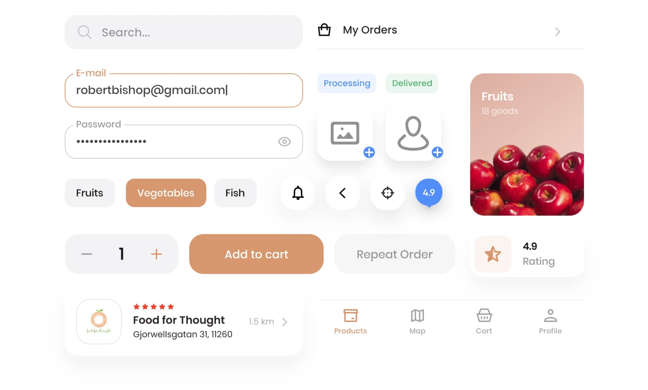 Noah app UI kit with search, order, cart, rating and category interface components.
