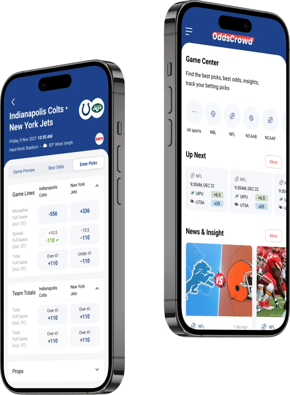 OddsCrowd app on two phones: game lines for Colts vs Jets with moneyline and spread, and the Game Center home screen.