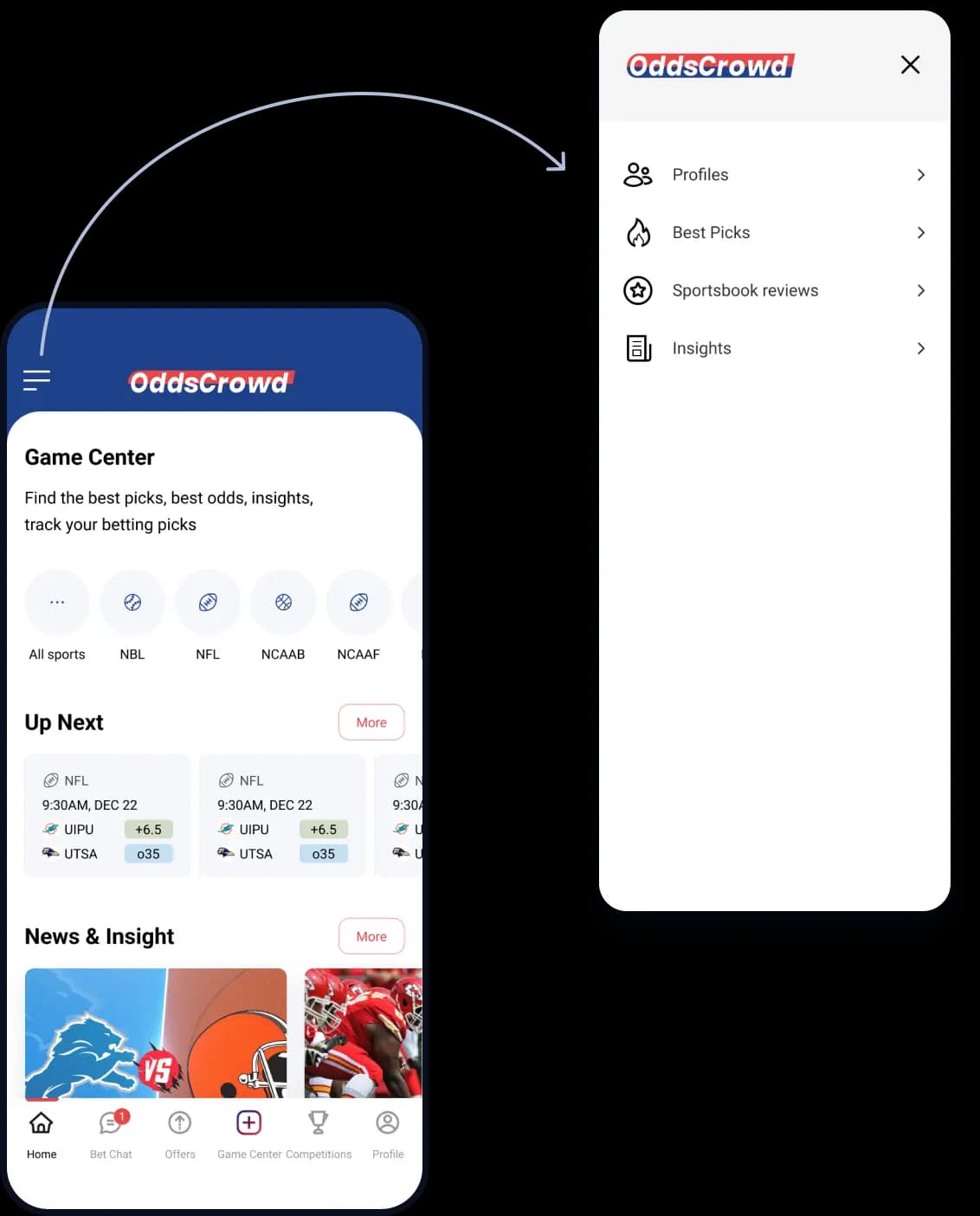 OddsCrowd Game Center screen with the bottom navigation bar next to the open side menu: Profiles, Best Picks, Sportsbook reviews, Insights.