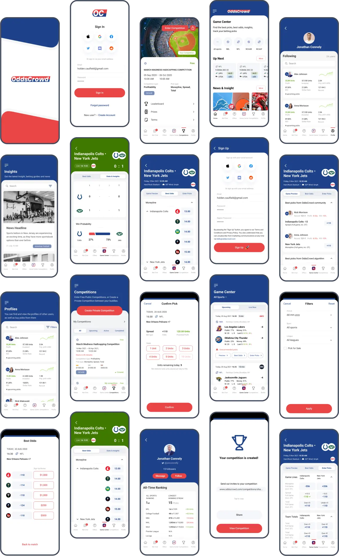 OddsCrowd app screens arranged in a grid on a dark background.