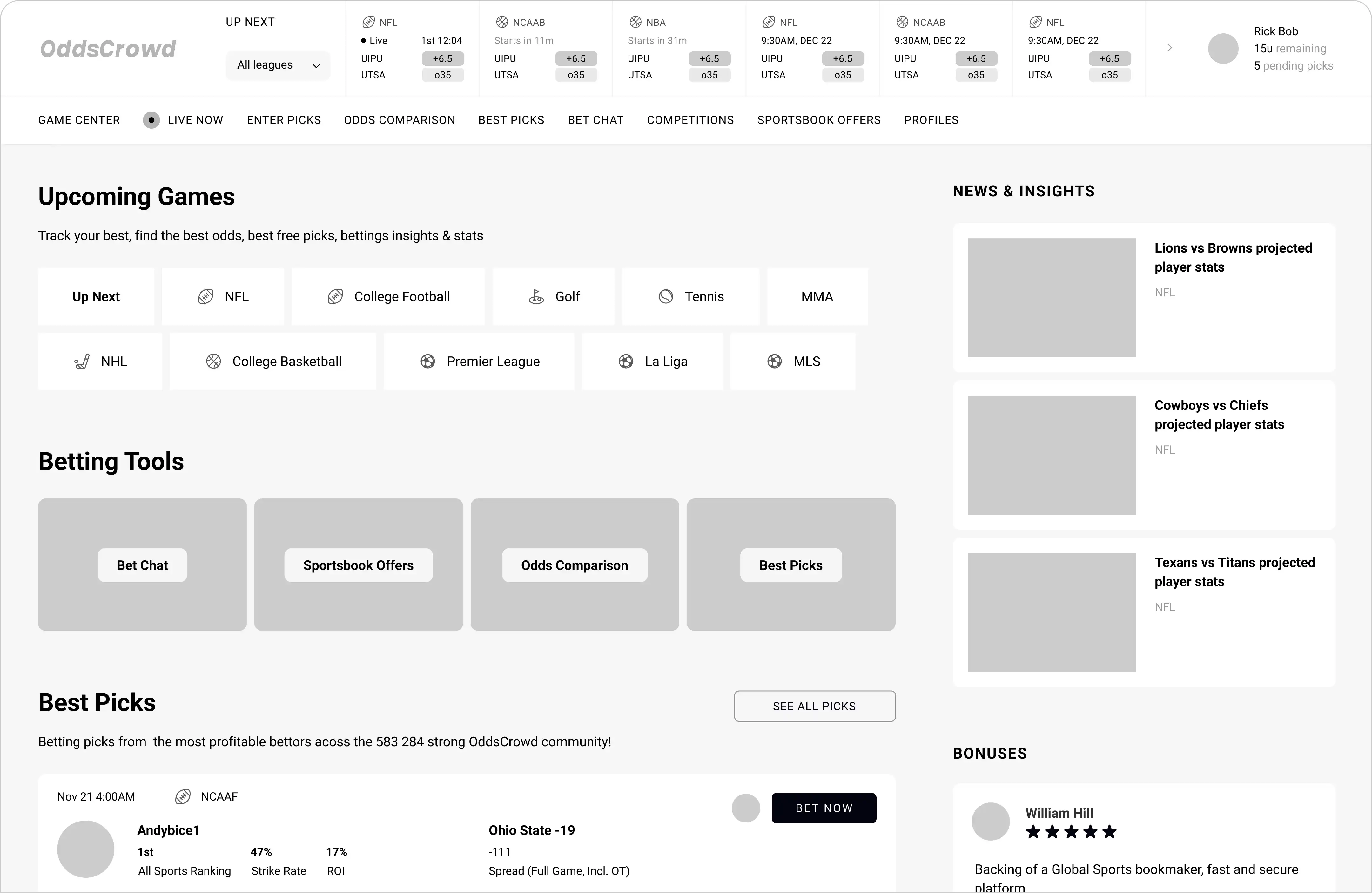 OddsCrowd main page wireframe with upcoming games, betting tools, best picks, and news blocks.