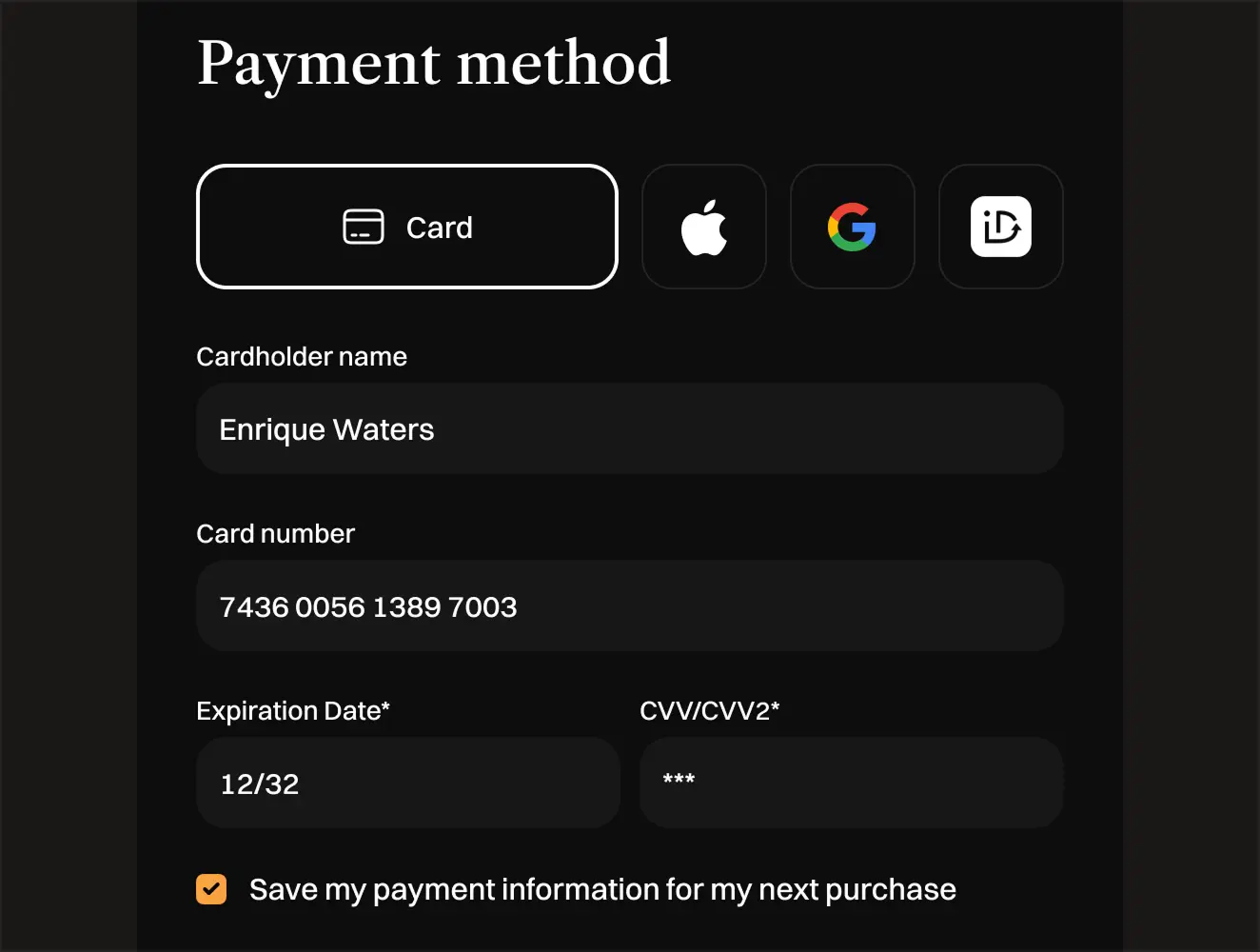 Checkout card payment form with cardholder and card number fields.