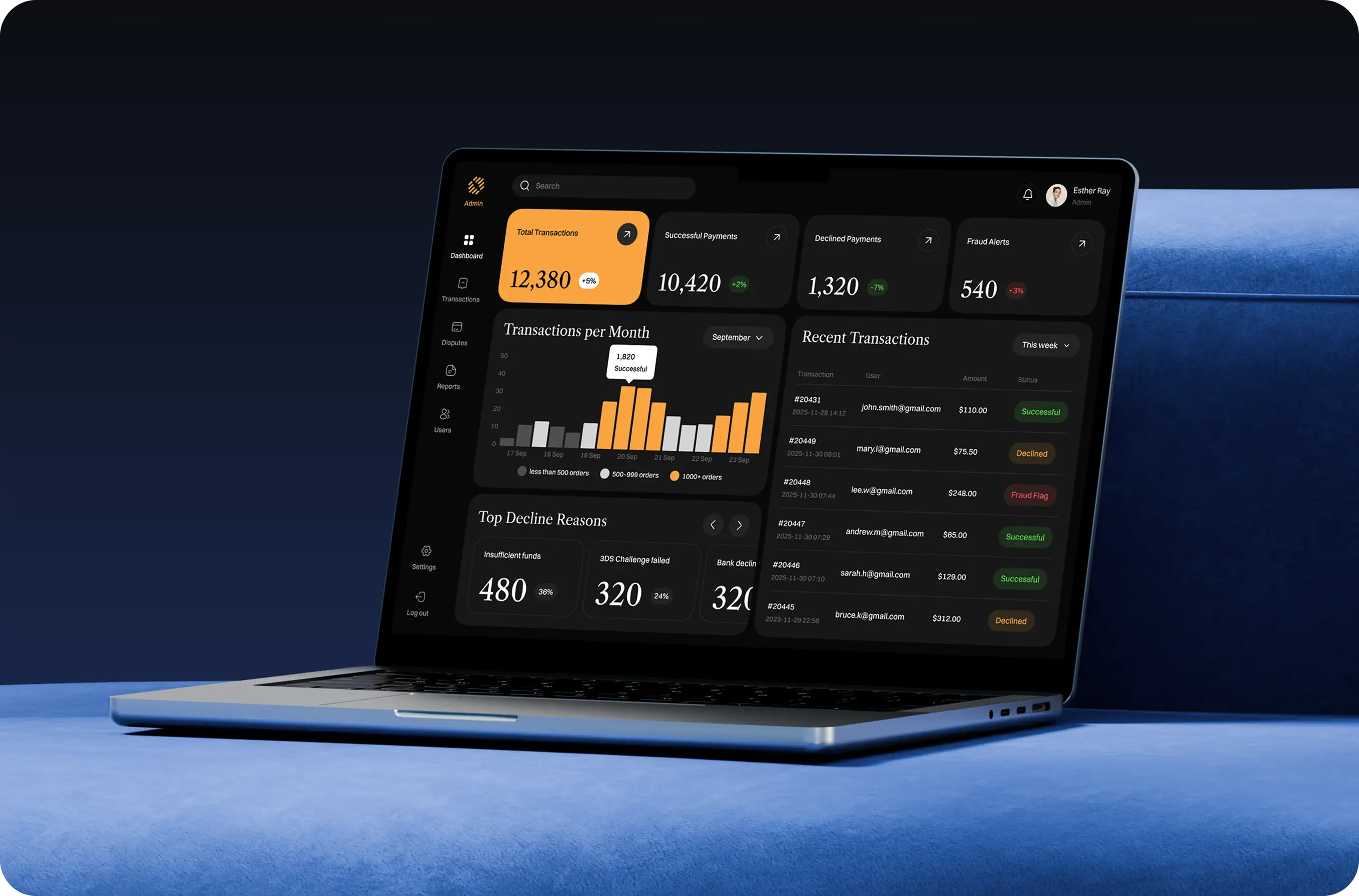 Laptop displaying the travel platform payment dashboard.