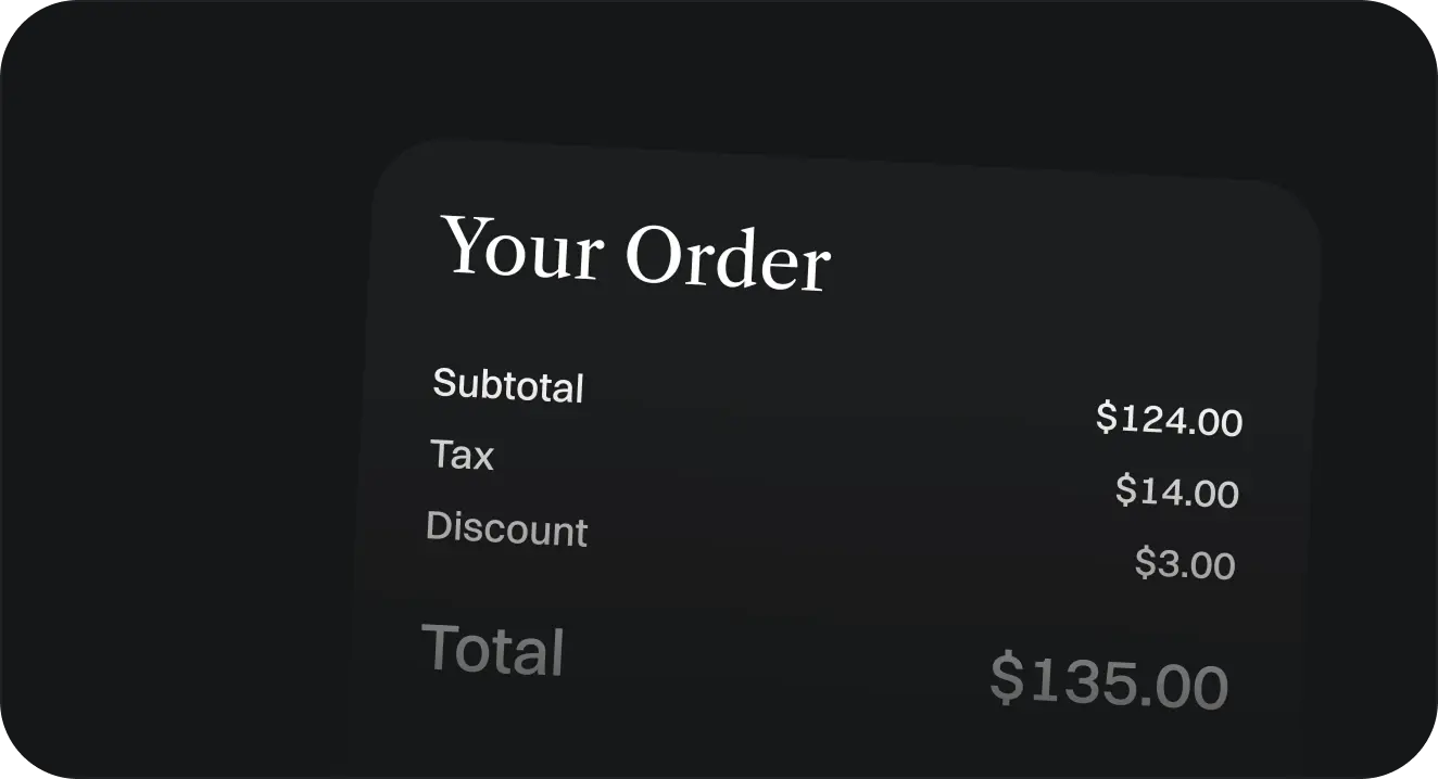 Order summary panel with subtotal, tax, discount and 135.00 total.