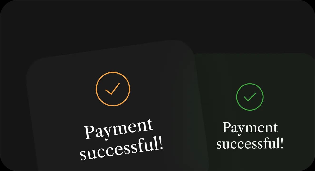 Two confirmation cards showing successful payment status.