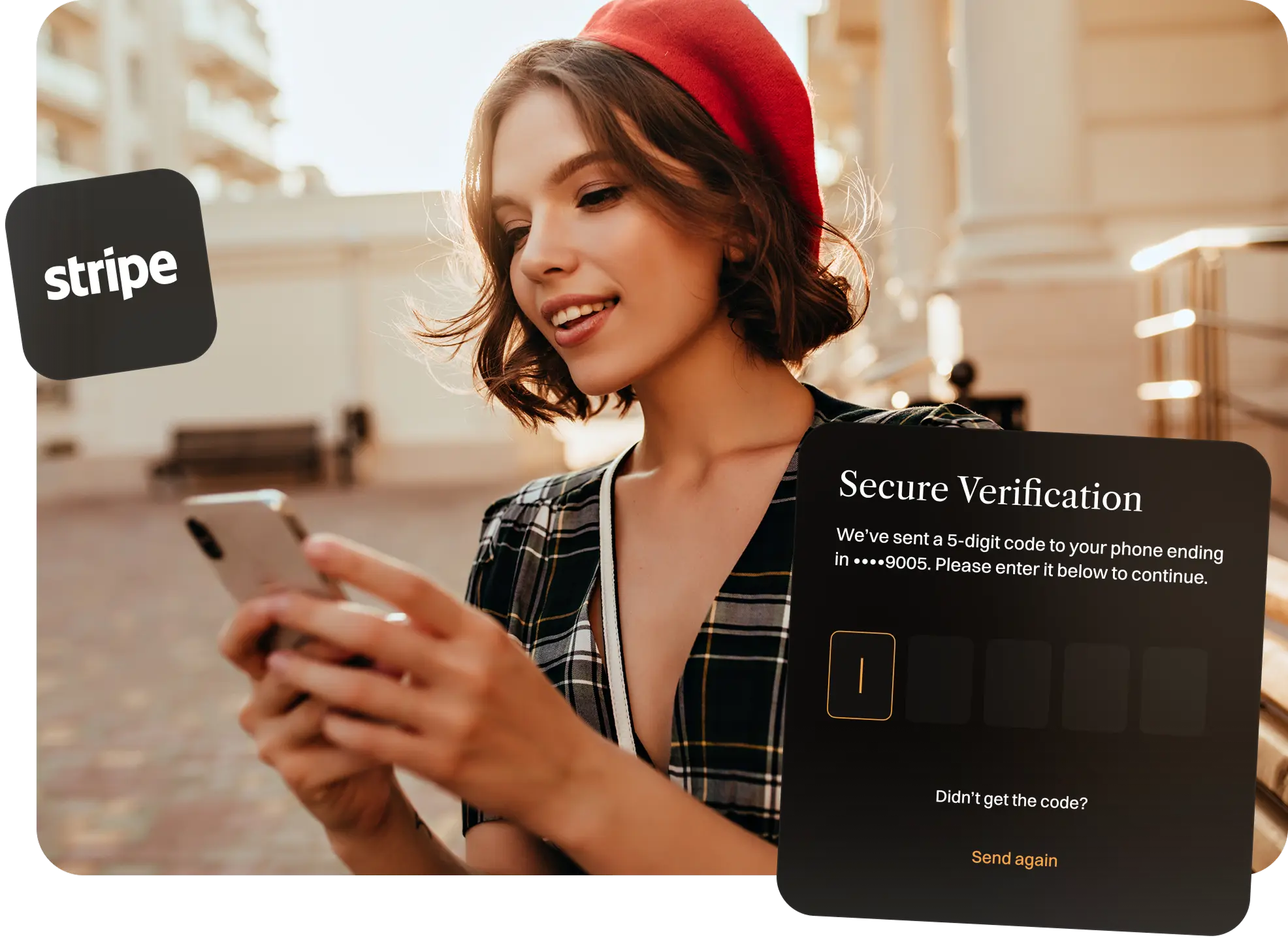 Woman using a phone beside a Stripe secure verification card.