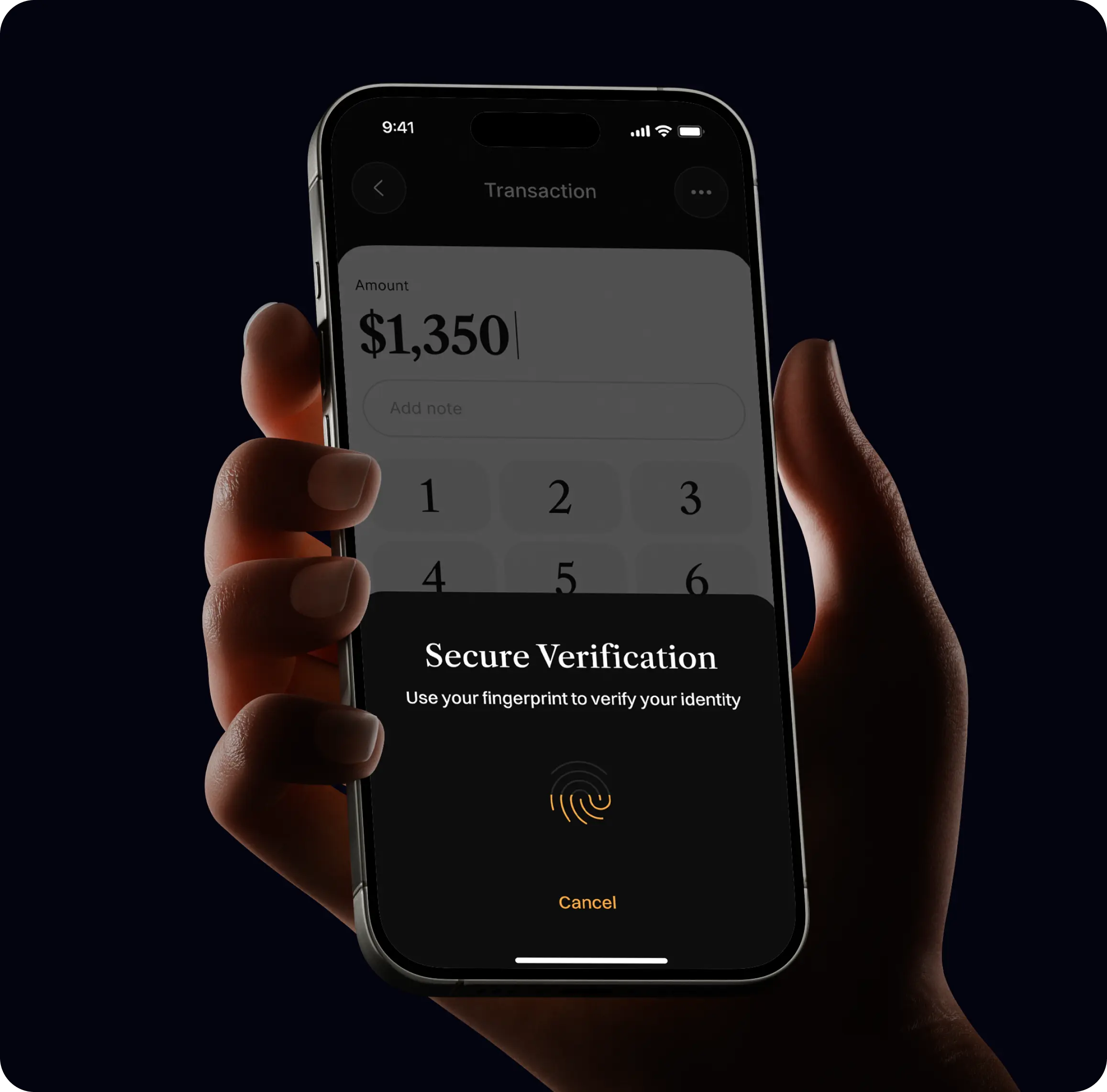 Hand holding a phone with a secure verification screen for a 1,350 payment.