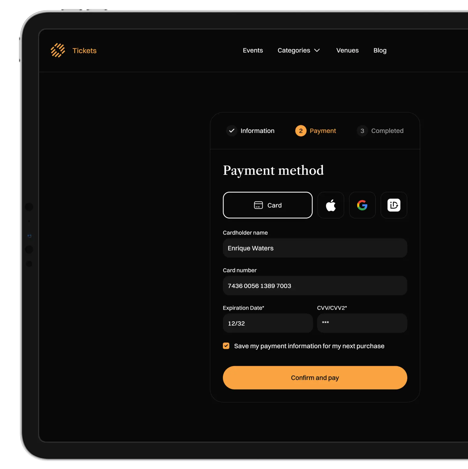 Tablet showing the ticket checkout payment method screen.