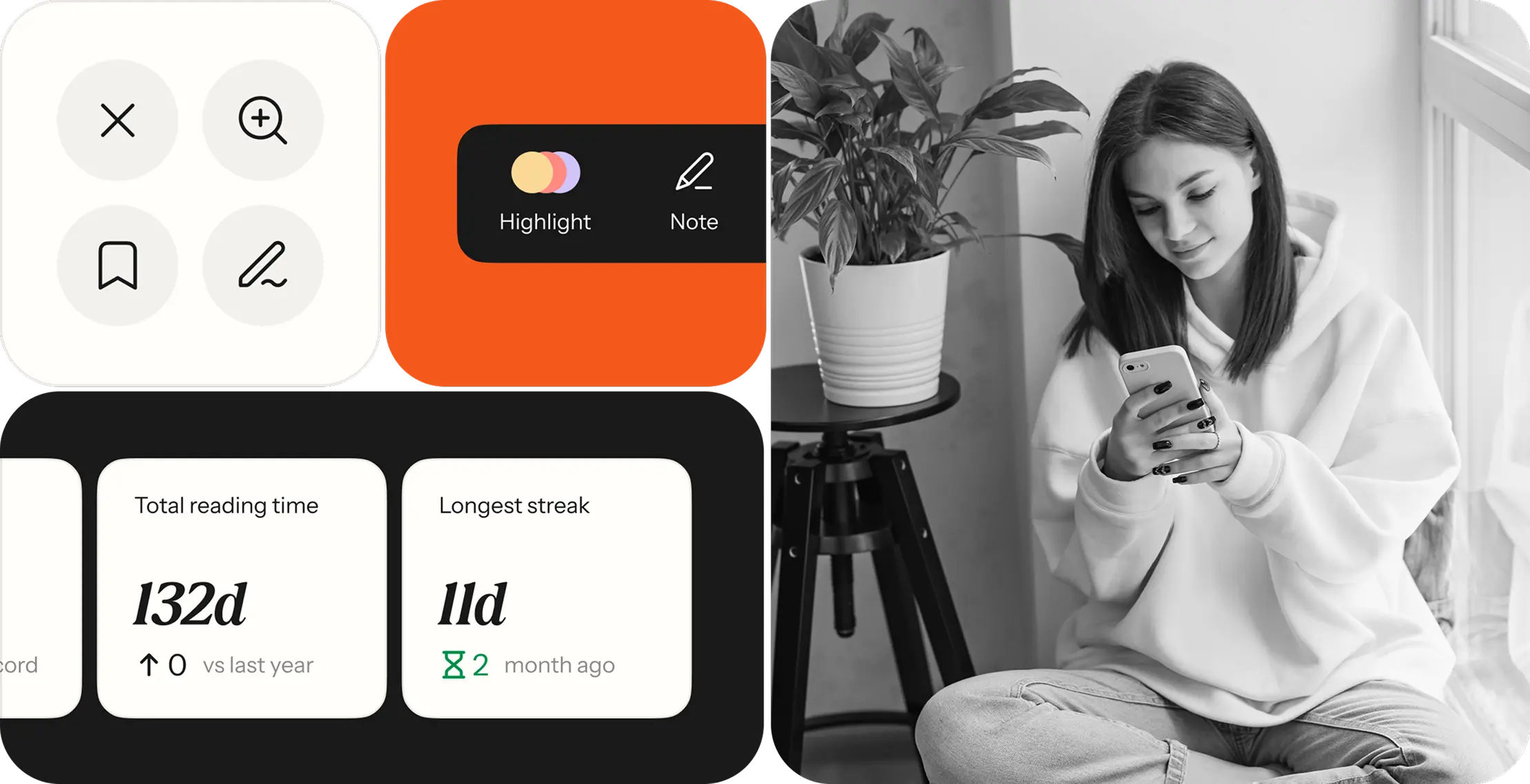 App controls and reading statistics cards beside a photo of a young woman reading on a phone.