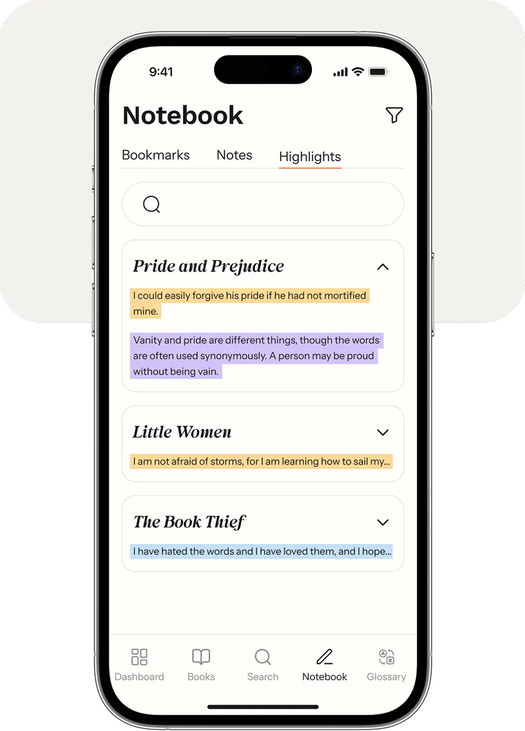 Phone showing the notebook tab with highlights saved from different books.