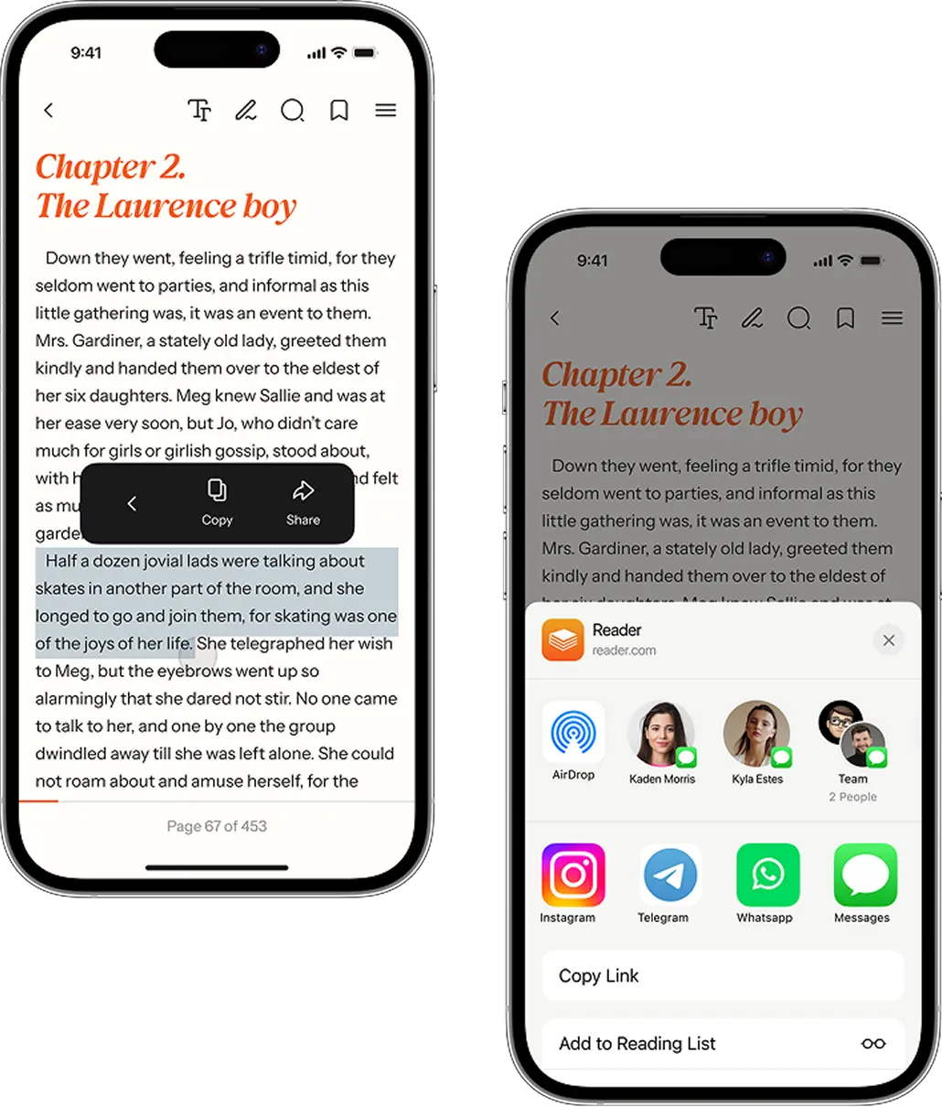 Phone screens showing a text snippet being shared through the system share menu.