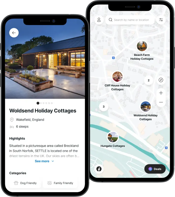 Phone showing the Woldsend Holiday Cottages listing in the UK Retreats app.