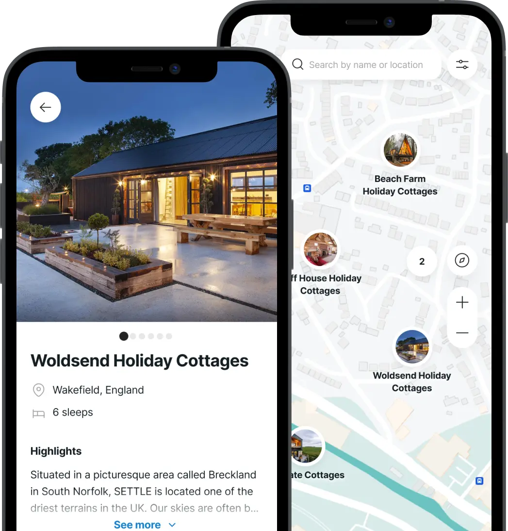 Phone showing the Woldsend Holiday Cottages listing in the UK Retreats app.