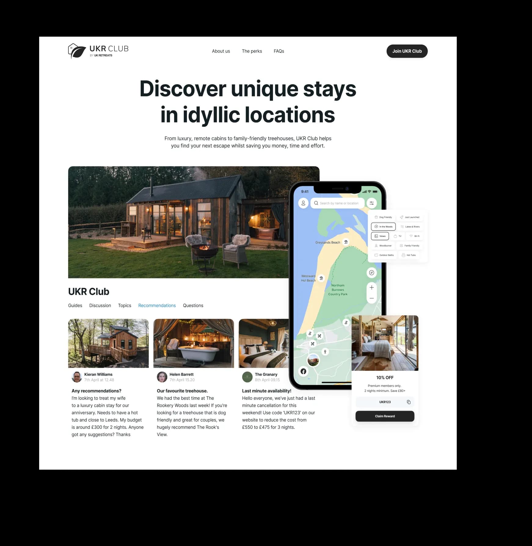 Phones showing map and listing views for discovering stays in the UK Retreats app.