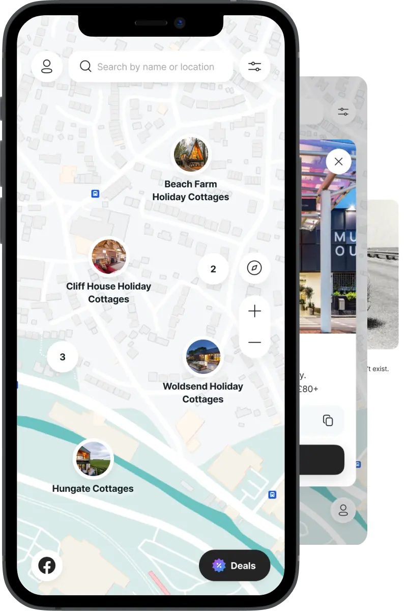 Phone showing the UK Retreats map screen with holiday cottage pins, layered over other app screens.