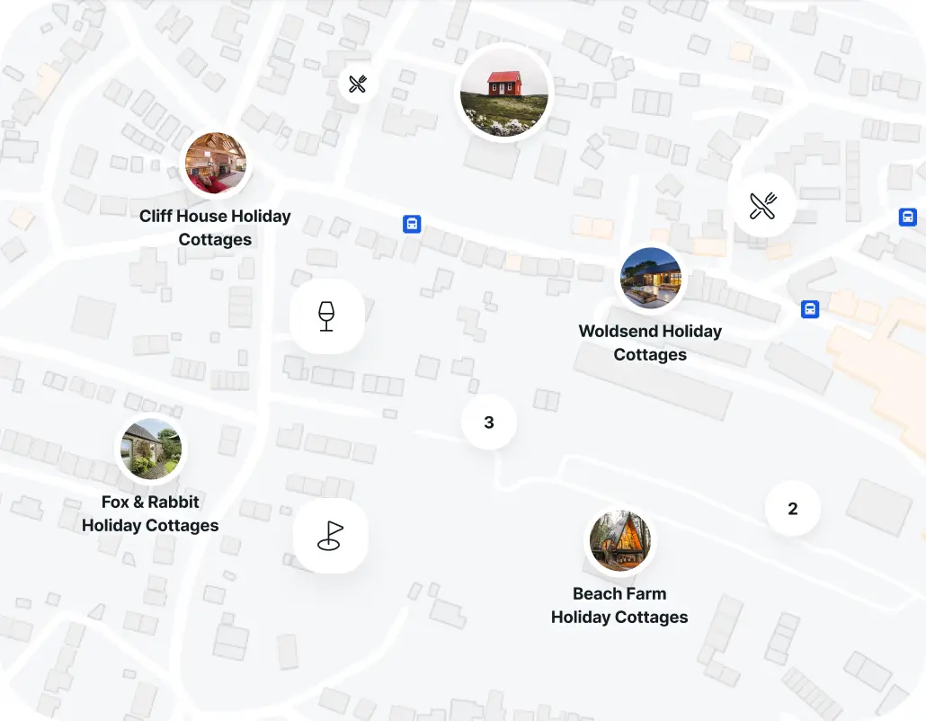 Map view in the UK Retreats app with pins marking holiday cottage locations.