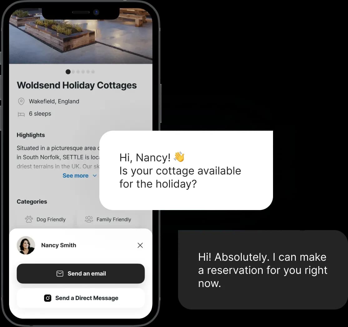 UK Retreats app chat screen messaging a host about cottage availability.