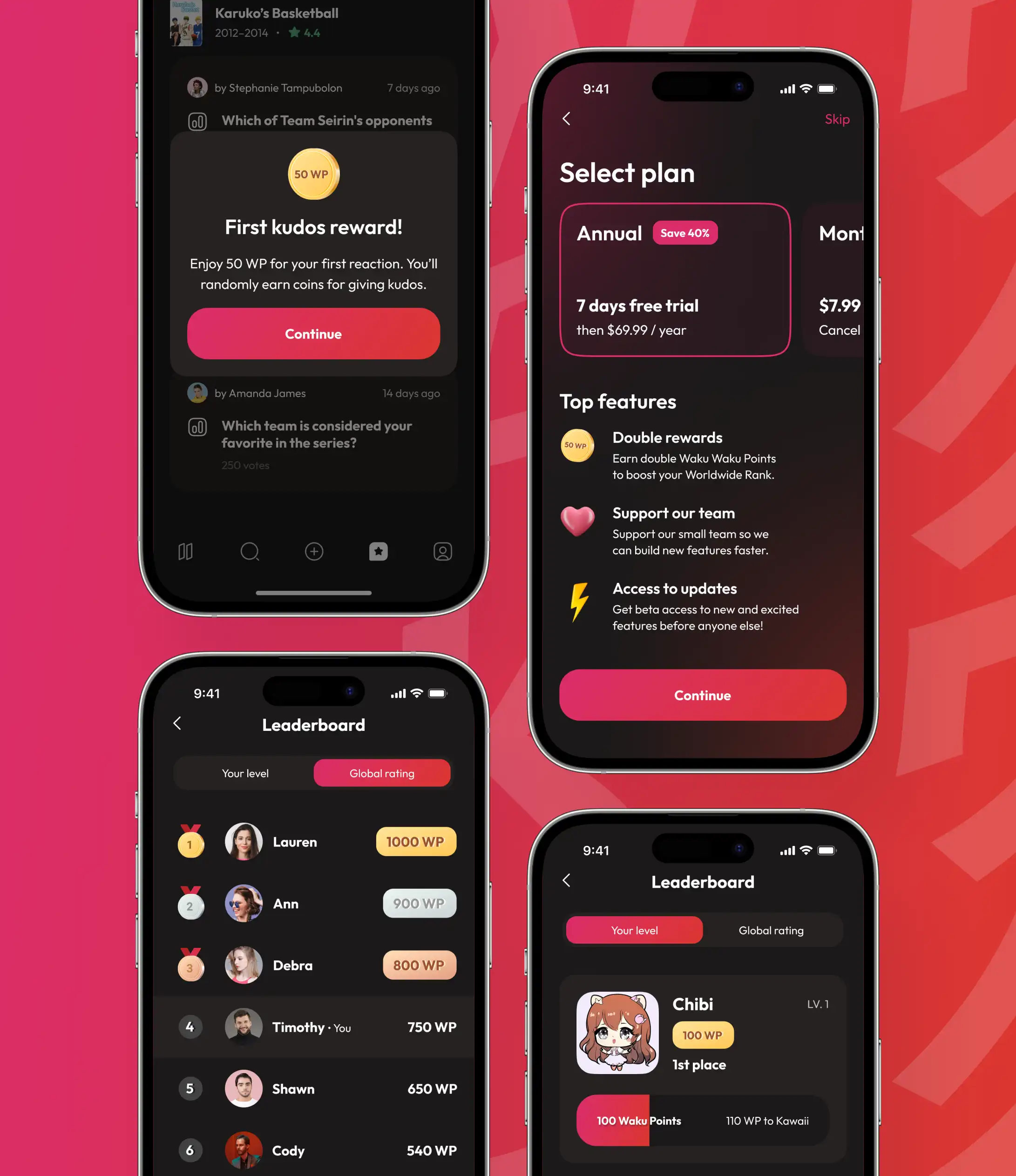 WakuWaku kudos reward, subscription plans, and leaderboard screens with Waku points.