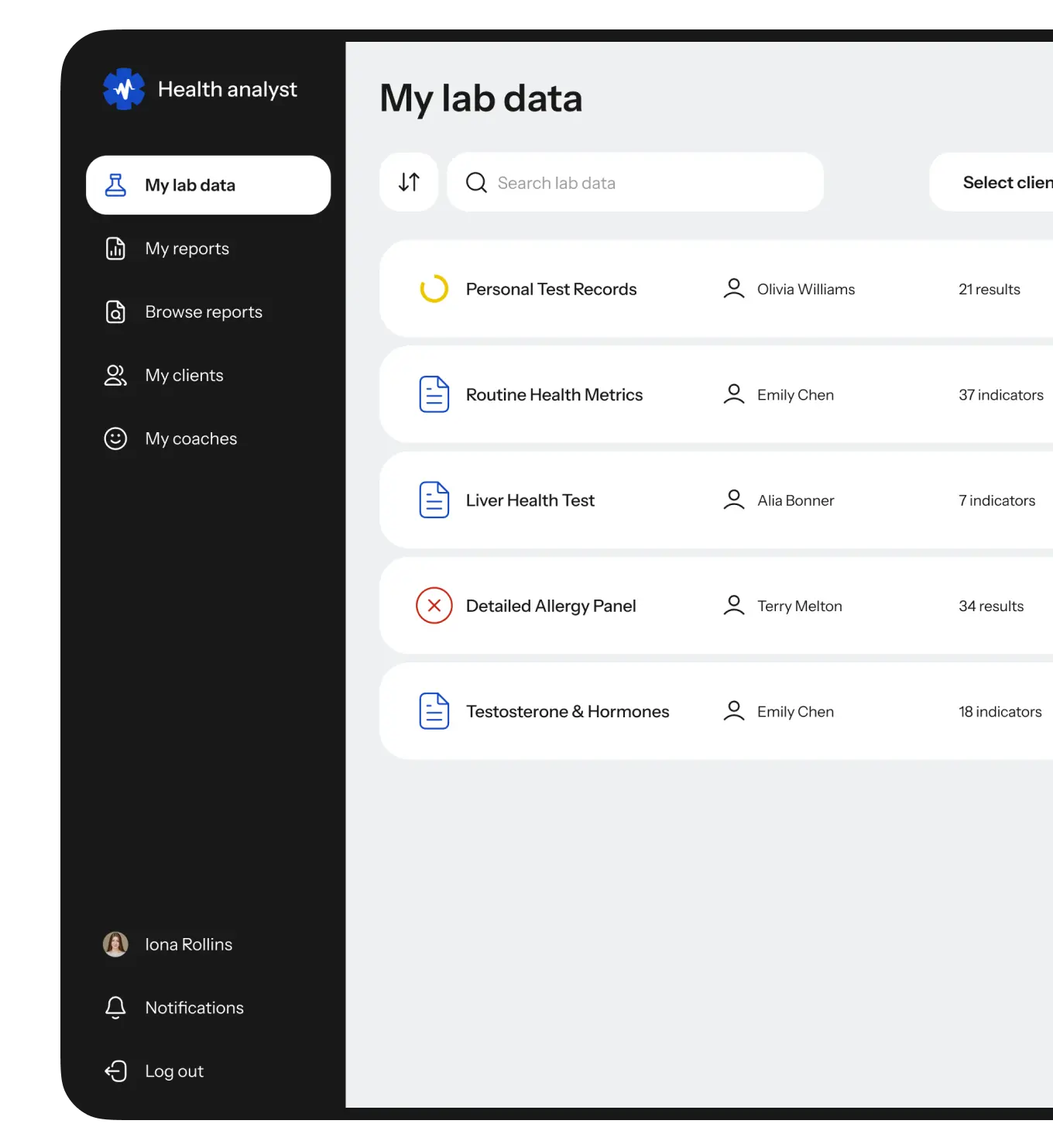 My-lab-data screen listing uploaded lab test files in the health platform.