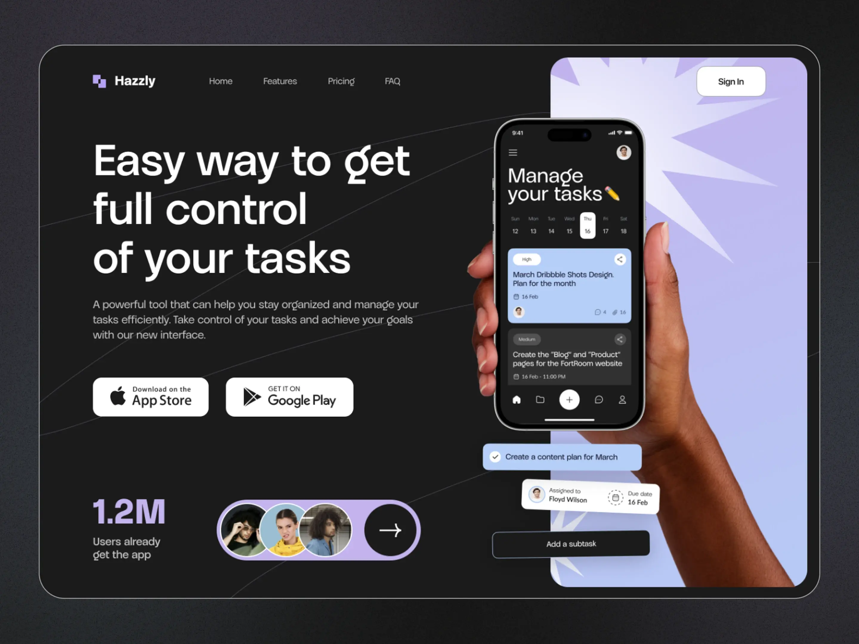 Hazzly task management app landing page mockup