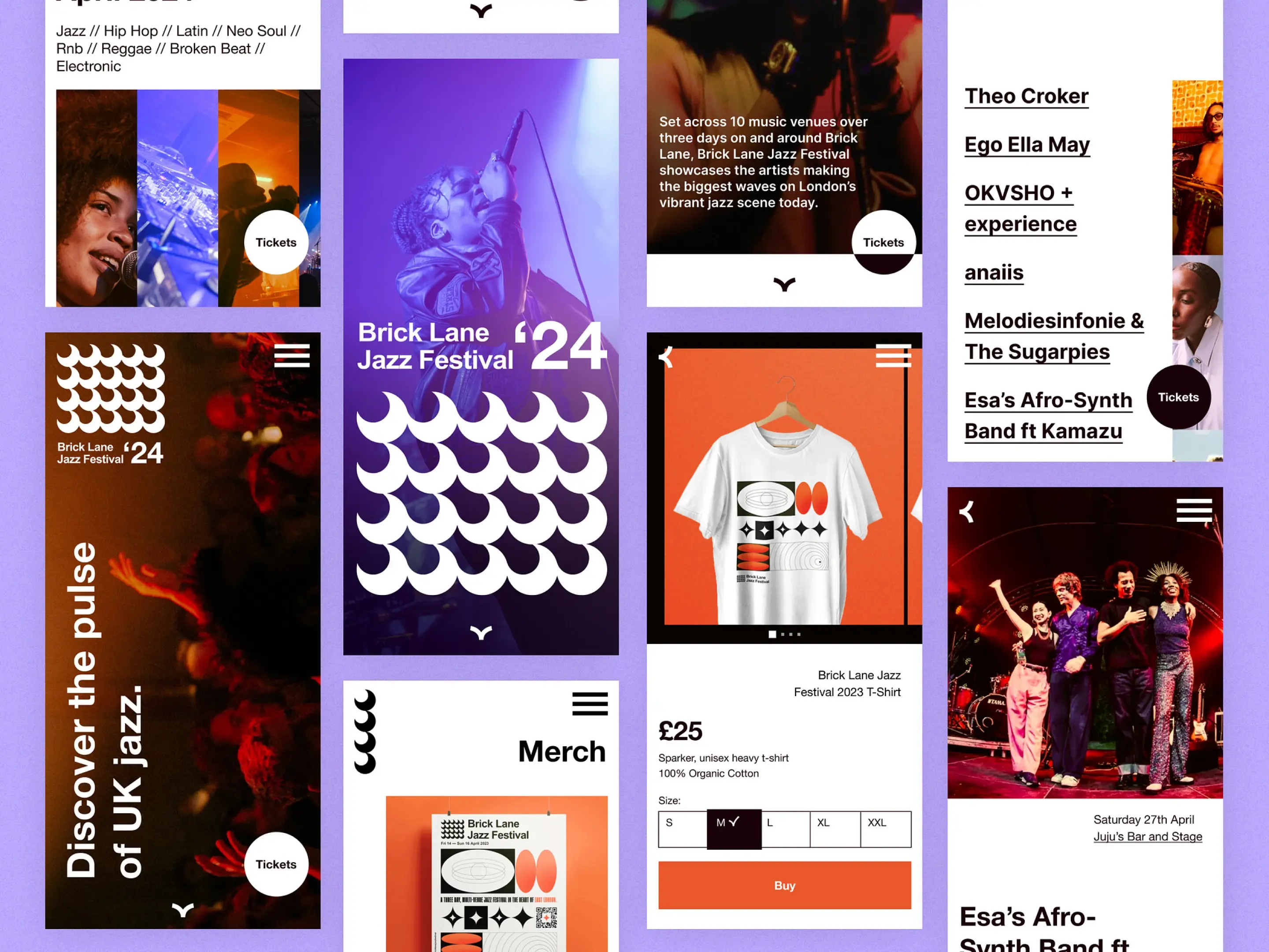Brick Lane Jazz Festival event website and merch screens mockup