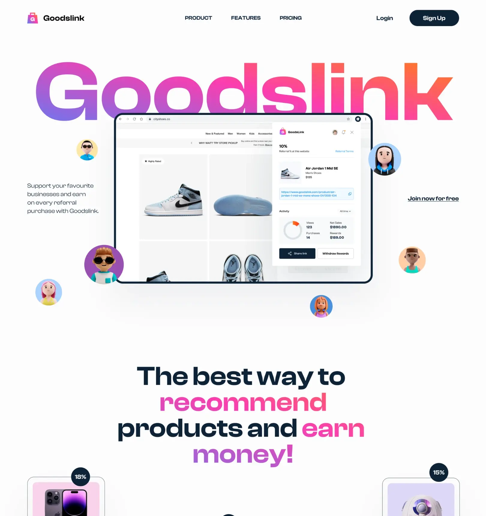 Goodslink referral rewards browser extension landing page design mockup