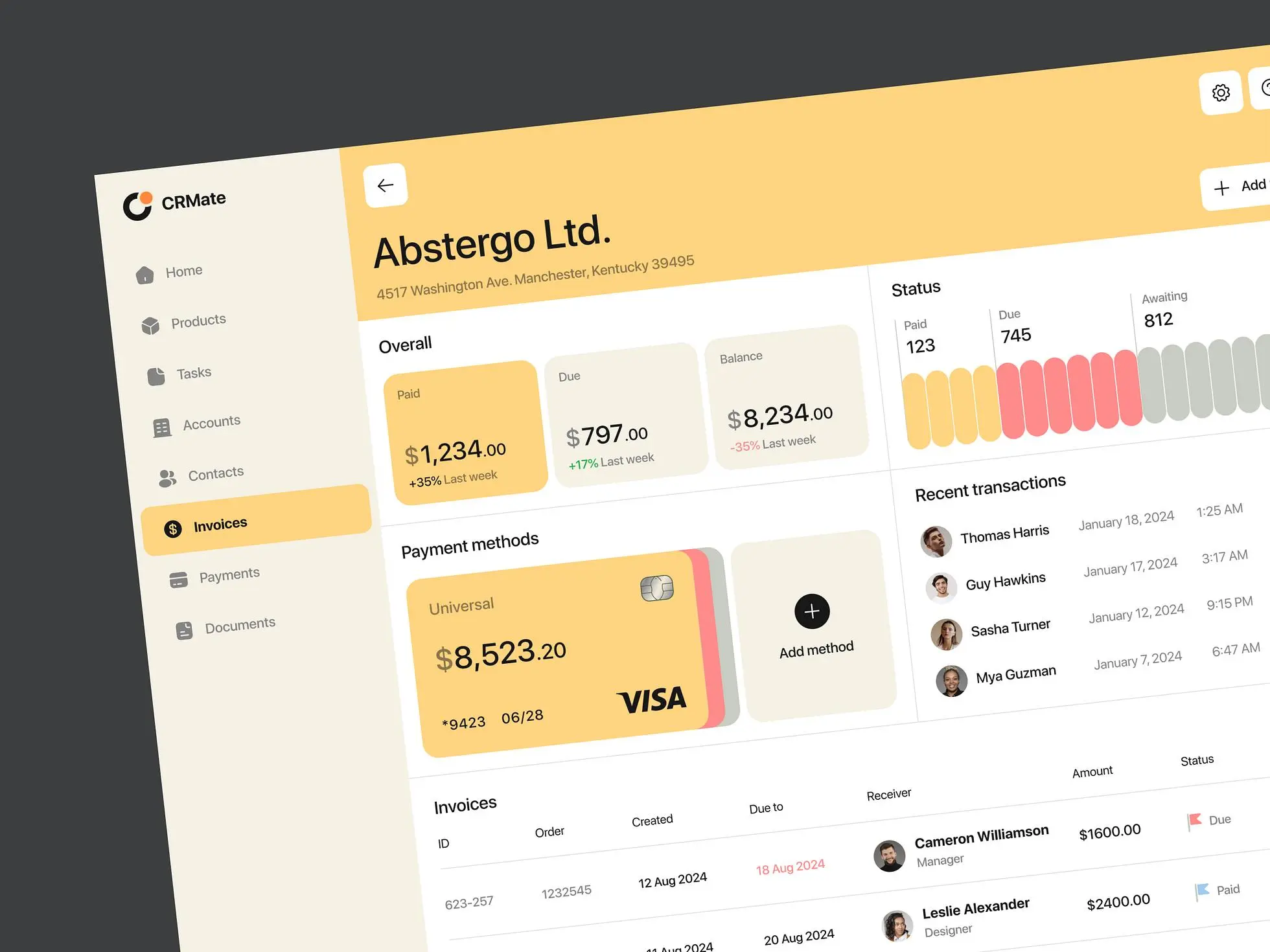 CRM dashboard design concept: a screen showing the main design features