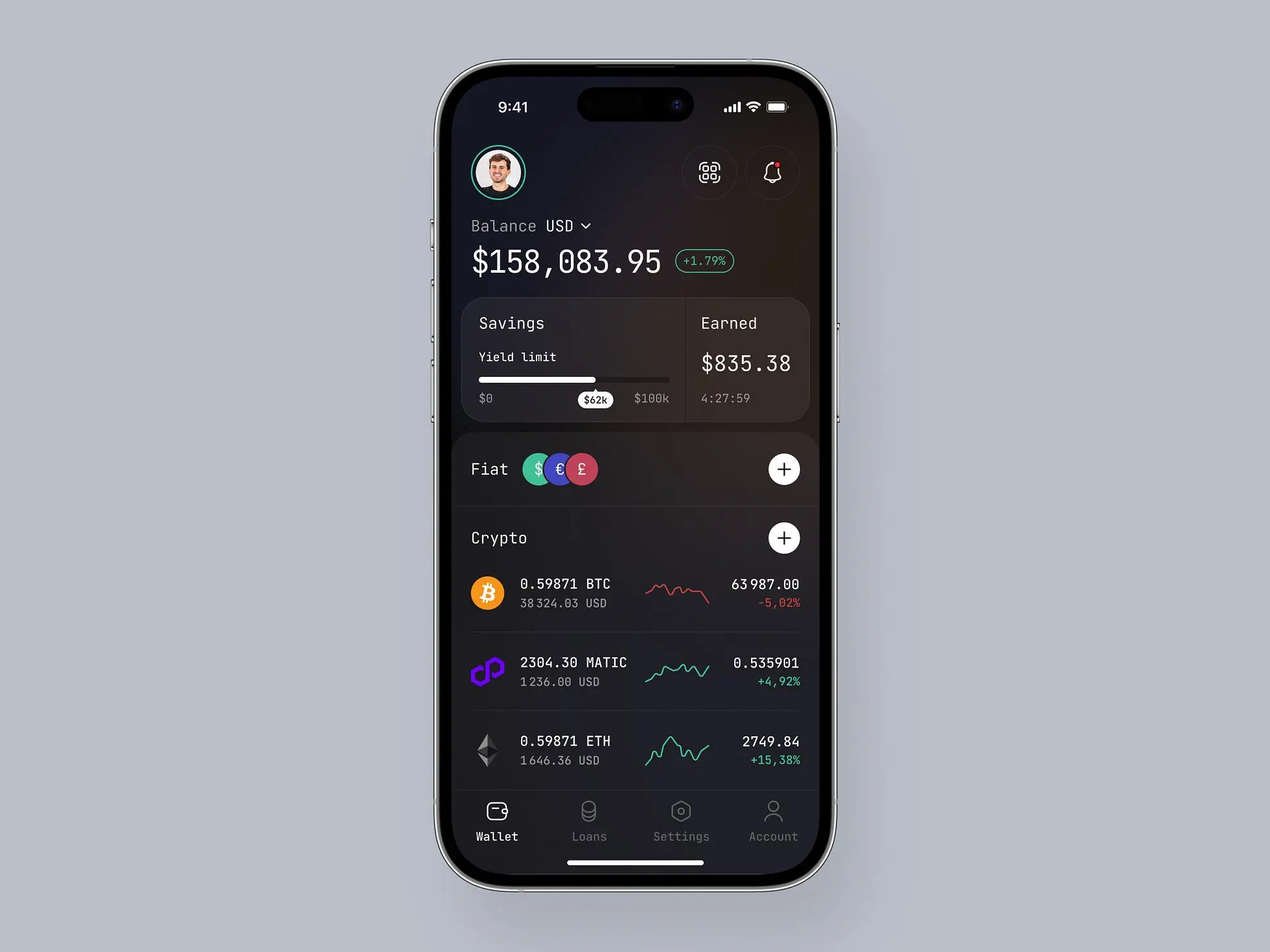 Crypto loan mobile app home screen: Shows a user's balance, savings, and different currencies