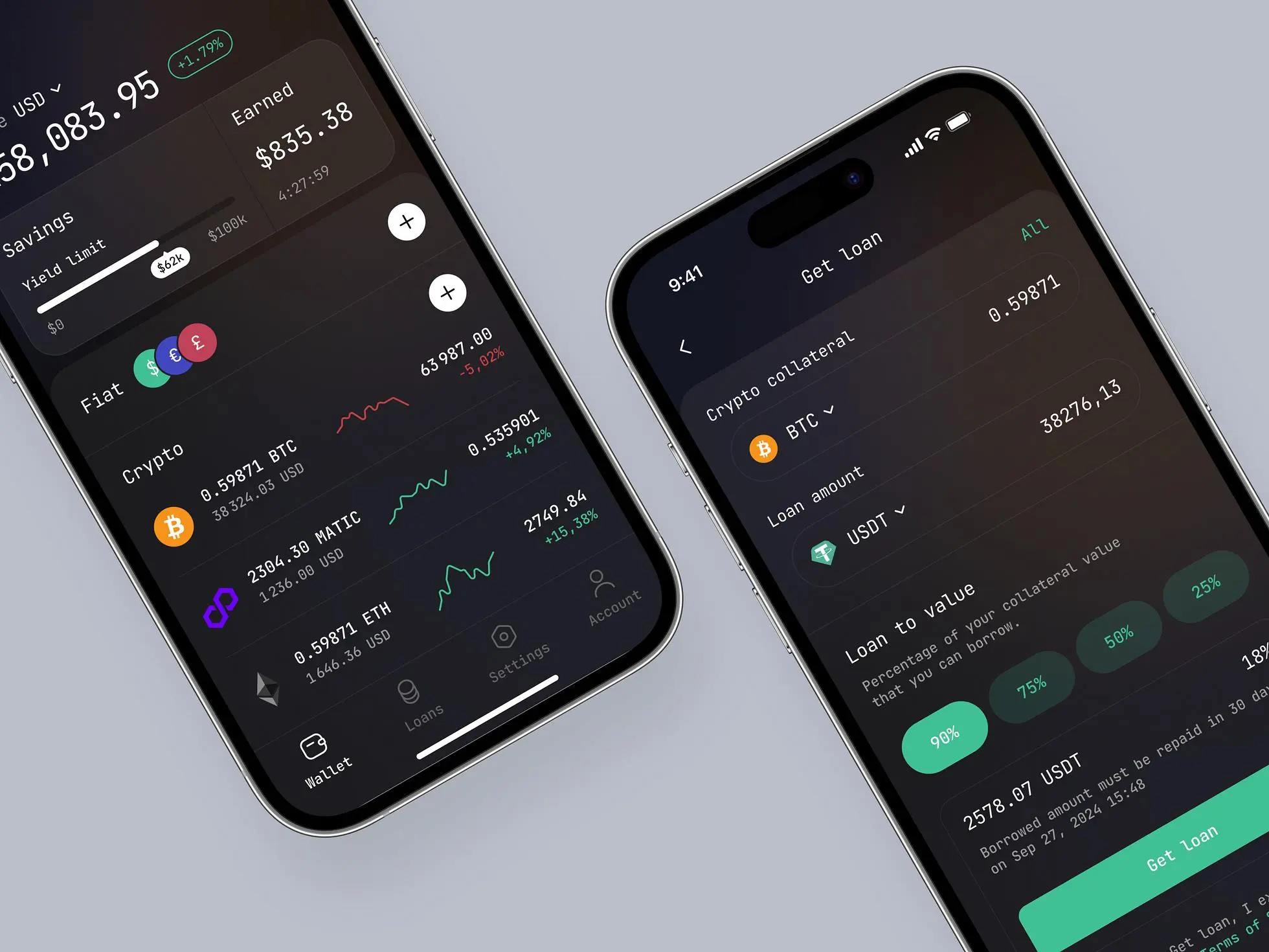 Crypto loan mobile app design concept: Two screens showing the main details of the concept