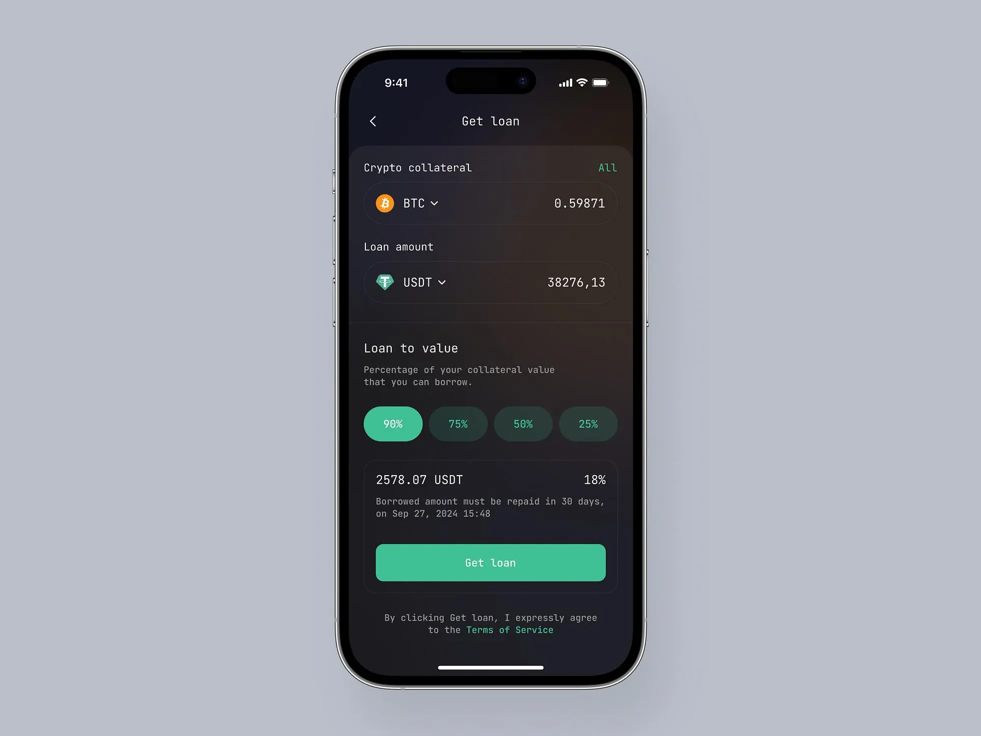 Crypto loan mobile app screen: On this screen, users can get a loan