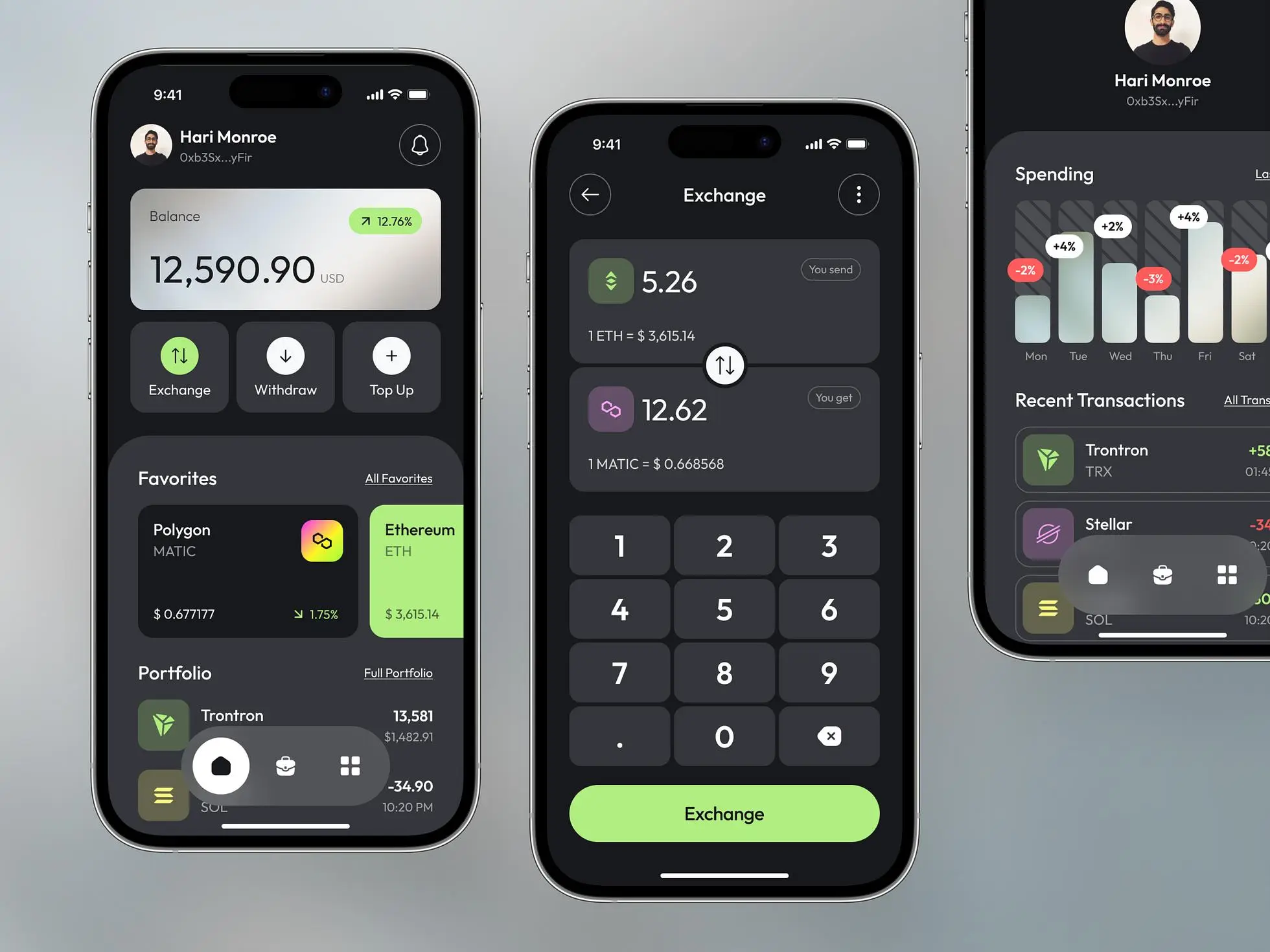 Crypto wallet app design concept: Screens showing the main design features